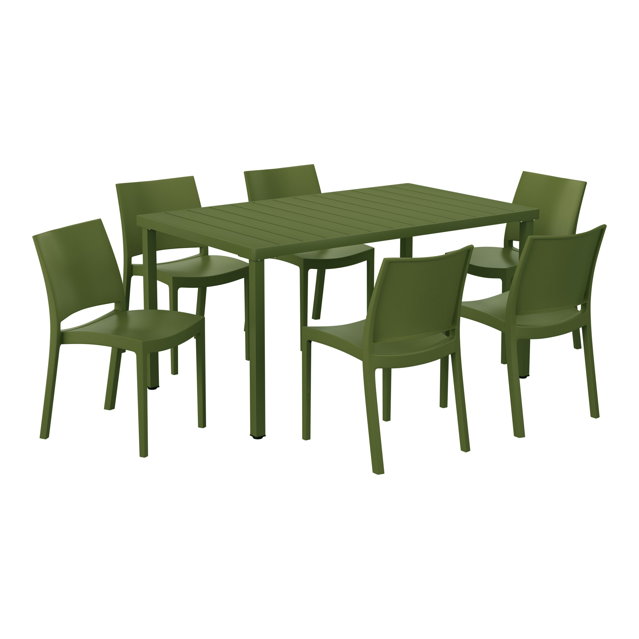 Sunshine 7-Piece Outdoor Rectangular Metal Patio Dining Table Set With Stackable Resin Patio Side Chairs