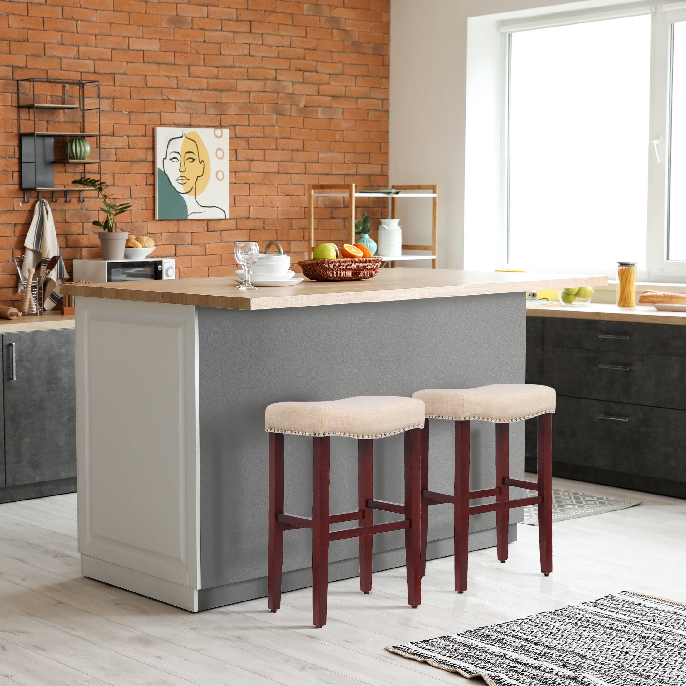 Bulmon 29" upholstered nail head bar counter stools with Cherry Red color legs (2 piece set)