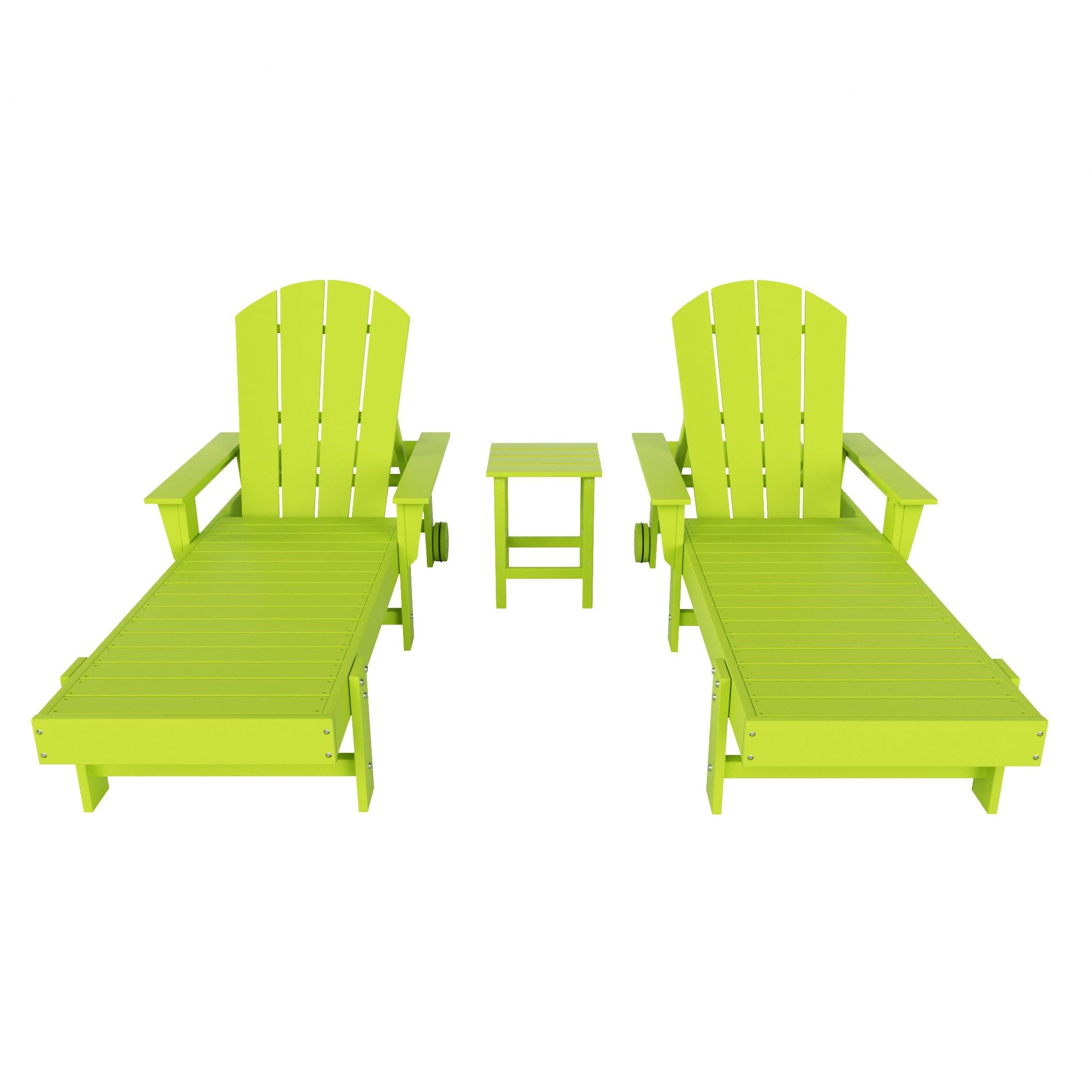 Paradise 3-Piece Outdoor Wheeled Classic Poly Adirondack Chaise Lounge with Arms and Square Side Table Set - Costaelm