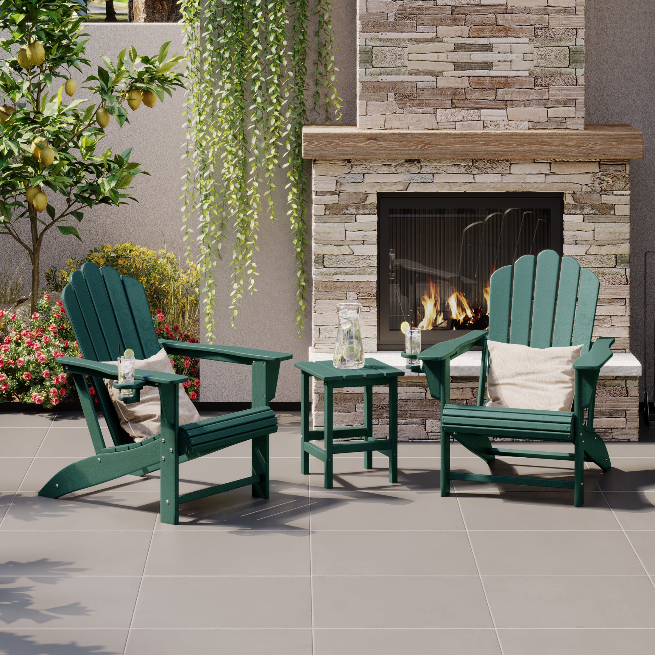 Lakeview 3-Piece Outdoor Patio HDPE Adirondack Chair With Cup Holder a
