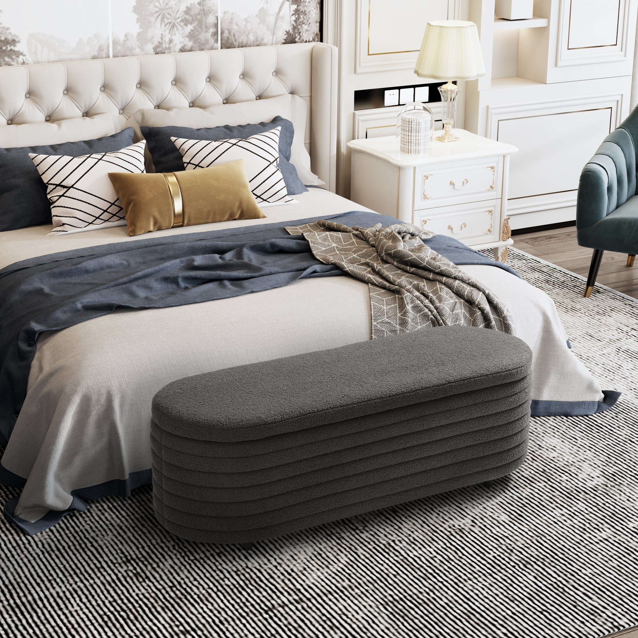 Celine 54" Wide Mid-Century Modern Upholstered Teddy Sherpa Tufted Oval Storage Ottoman Bench