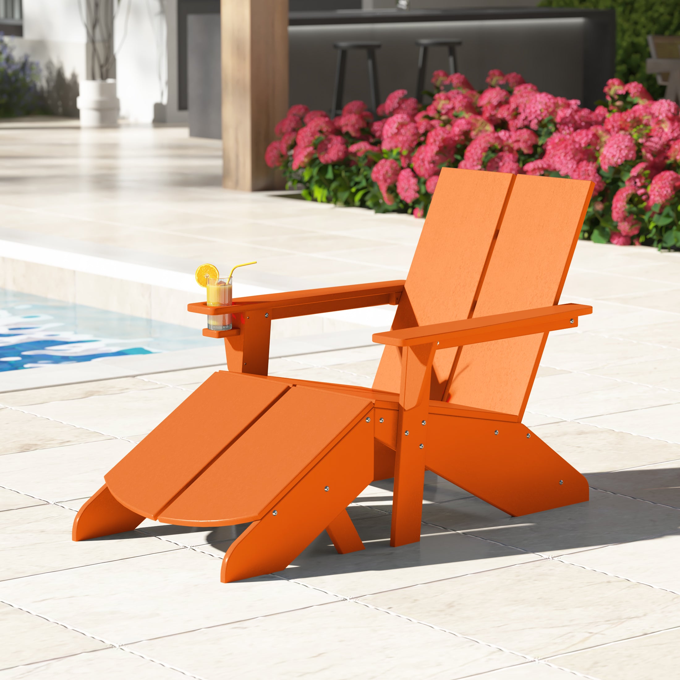 Seaview Outdoor HDPE Modern Adirondack Chair with Folding Patio Ottoman and Cup Holder