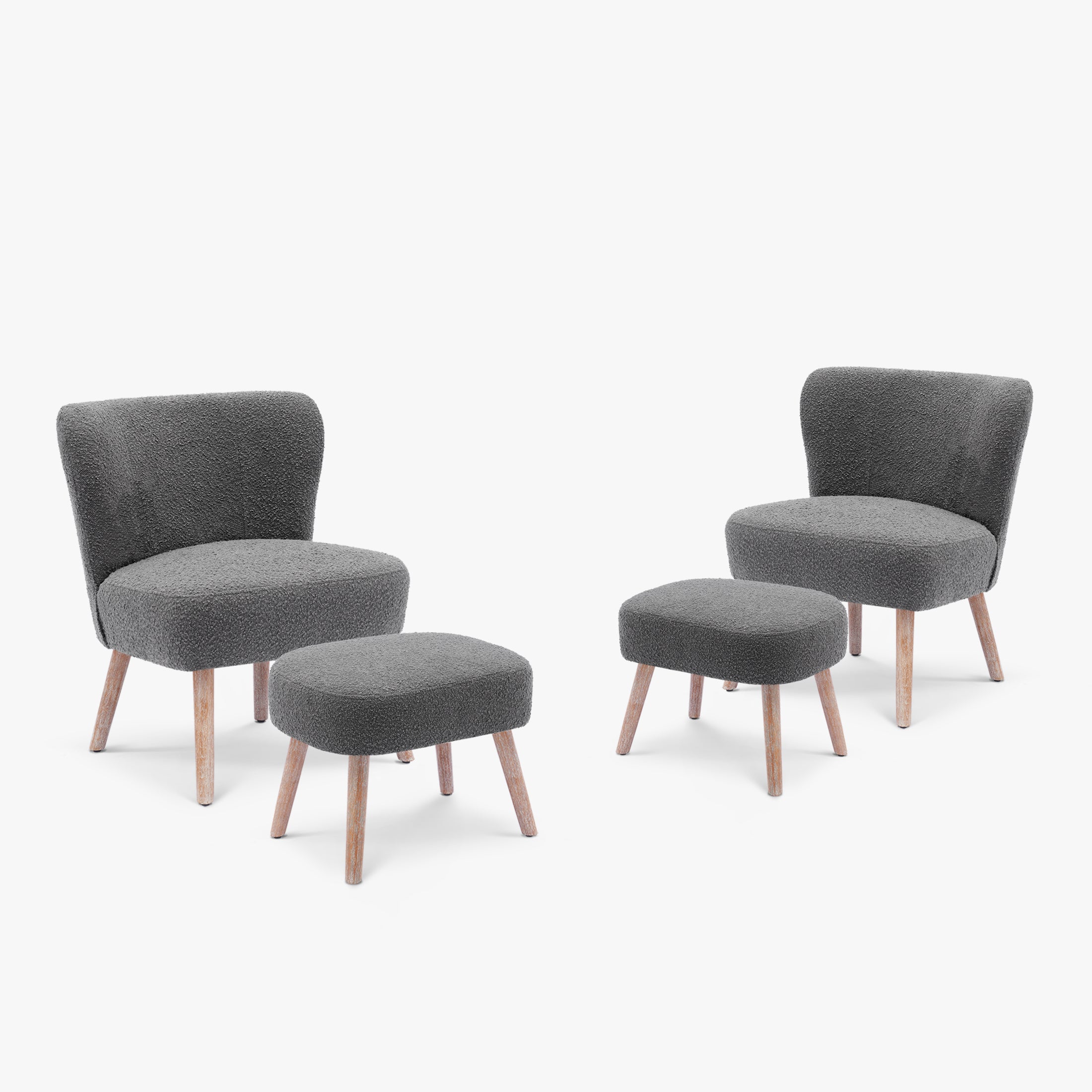 Amélie 4-Piece Set Mid-Century Boucle Accent Chairs with Ottoman Foot Stools