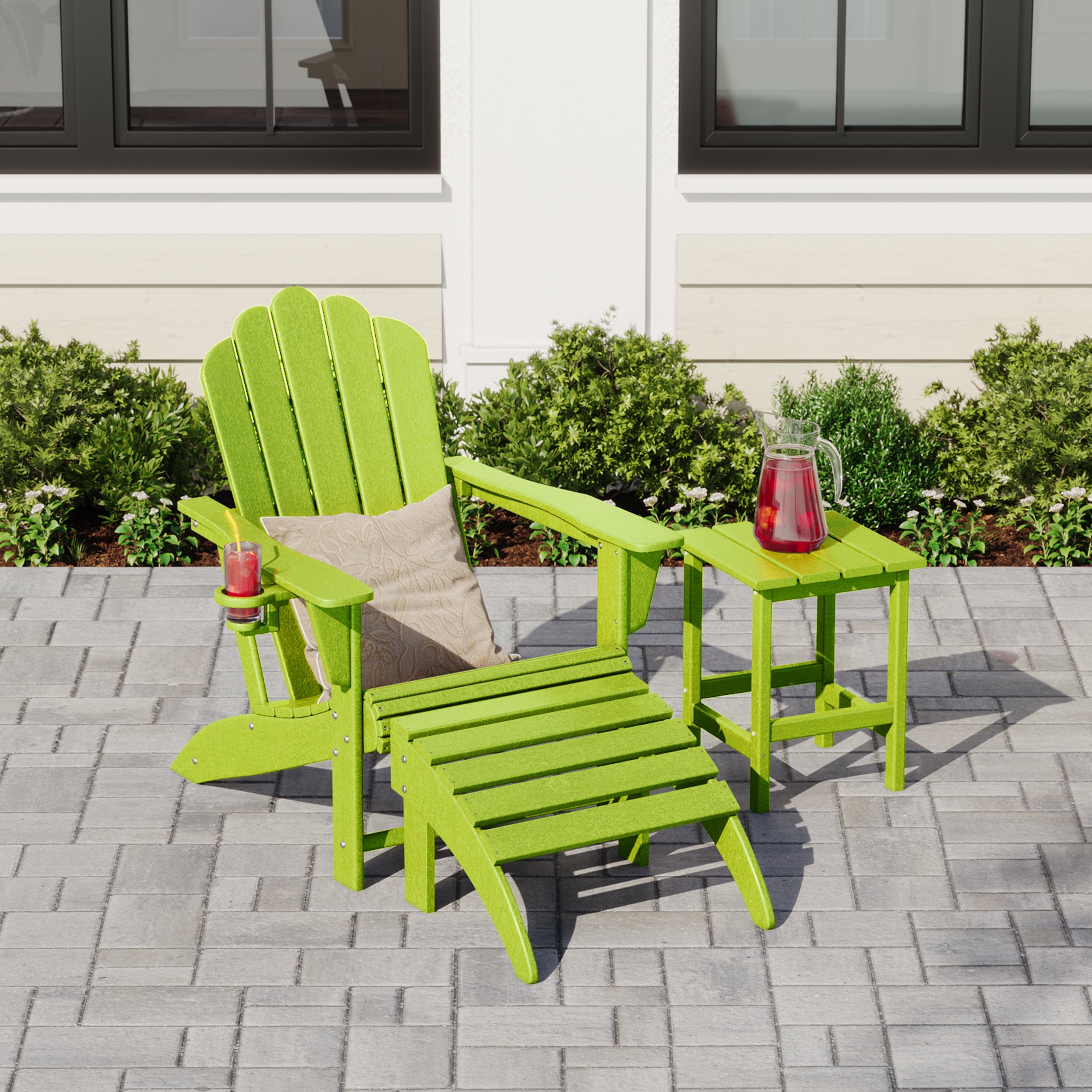 Lakeview 3-Piece Adirondack Chair with Cup Holder and Folding Ottoman and Table Set