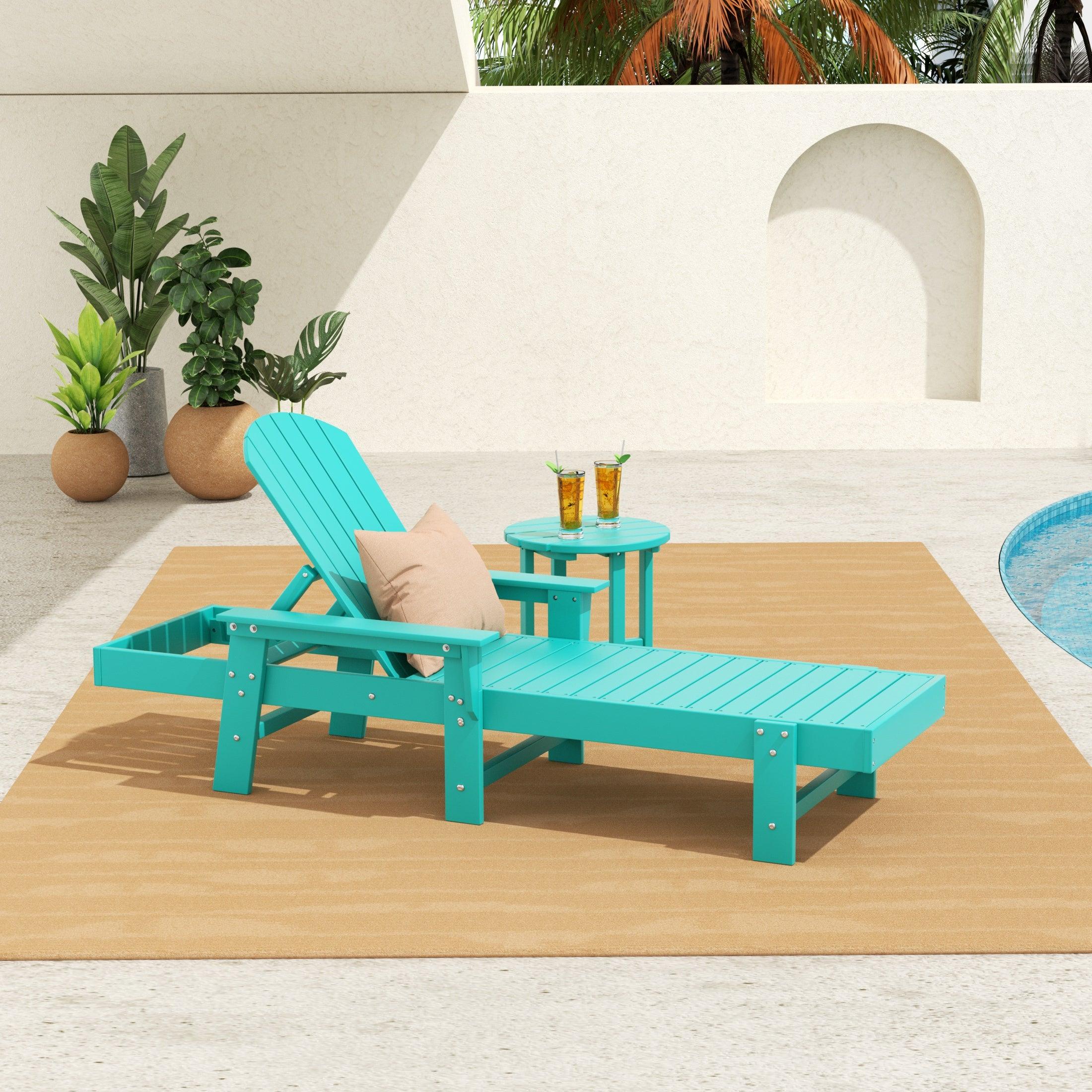 Portside 2-Piece Outdoor Wheeled Classic Poly Adirondack Chaise Lounge with Arms and Round Side Table Set - Costaelm