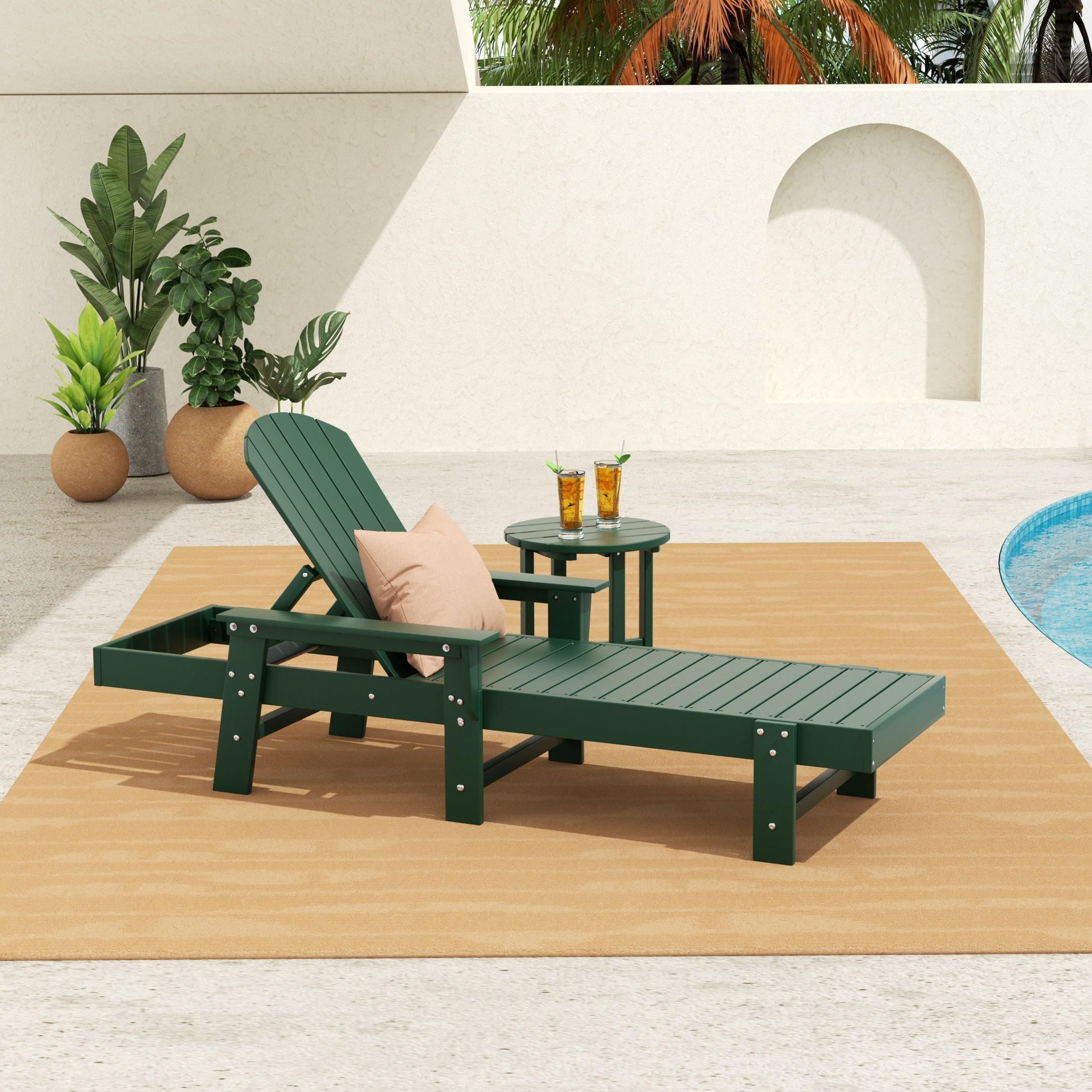 Portside 2-Piece Outdoor Wheeled Classic Poly Adirondack Chaise Lounge with Arms and Round Side Table Set - Costaelm