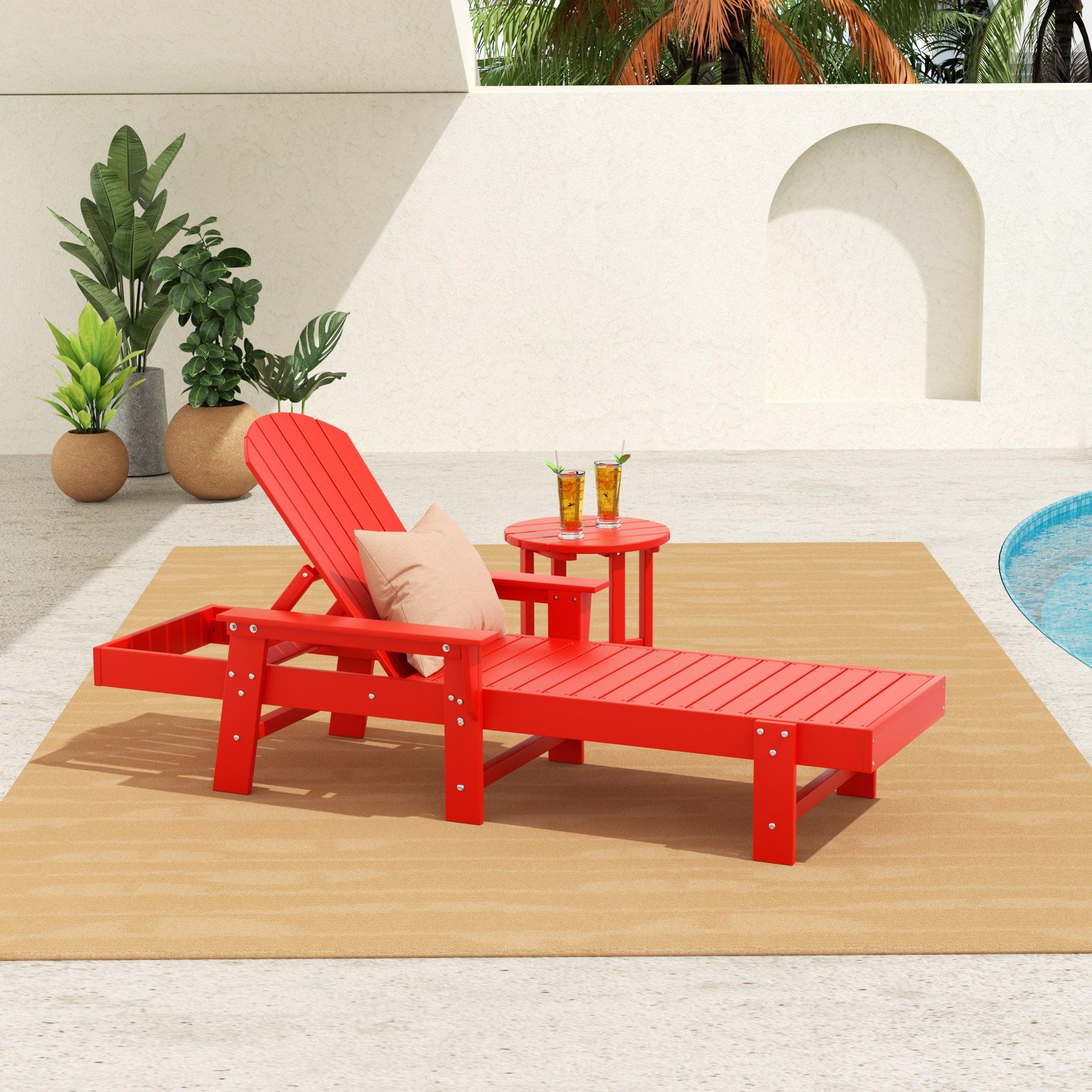 Portside 2-Piece Outdoor Wheeled Classic Poly Adirondack Chaise Lounge with Arms and Round Side Table Set - Costaelm