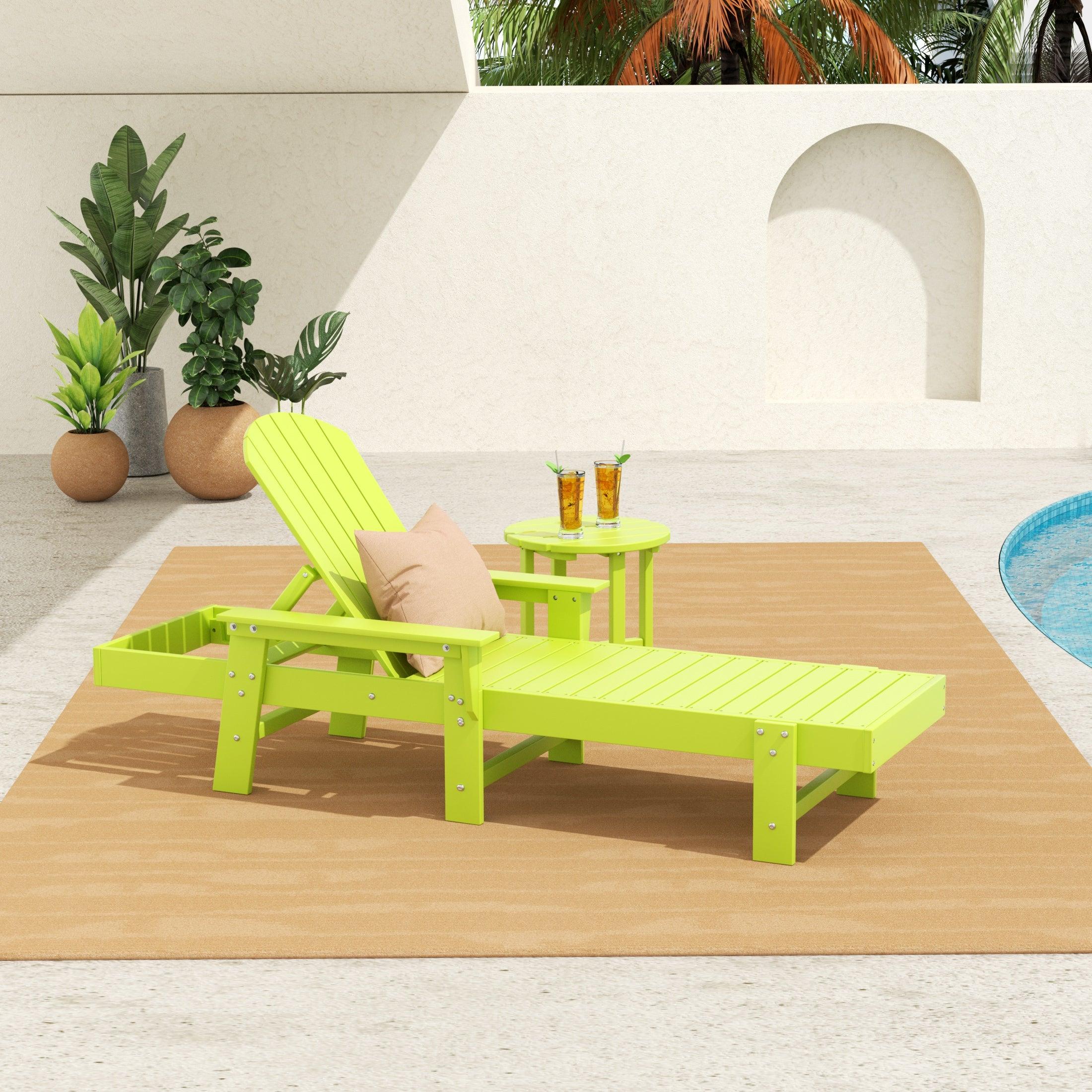 Portside 2-Piece Outdoor Wheeled Classic Poly Adirondack Chaise Lounge with Arms and Round Side Table Set - Costaelm