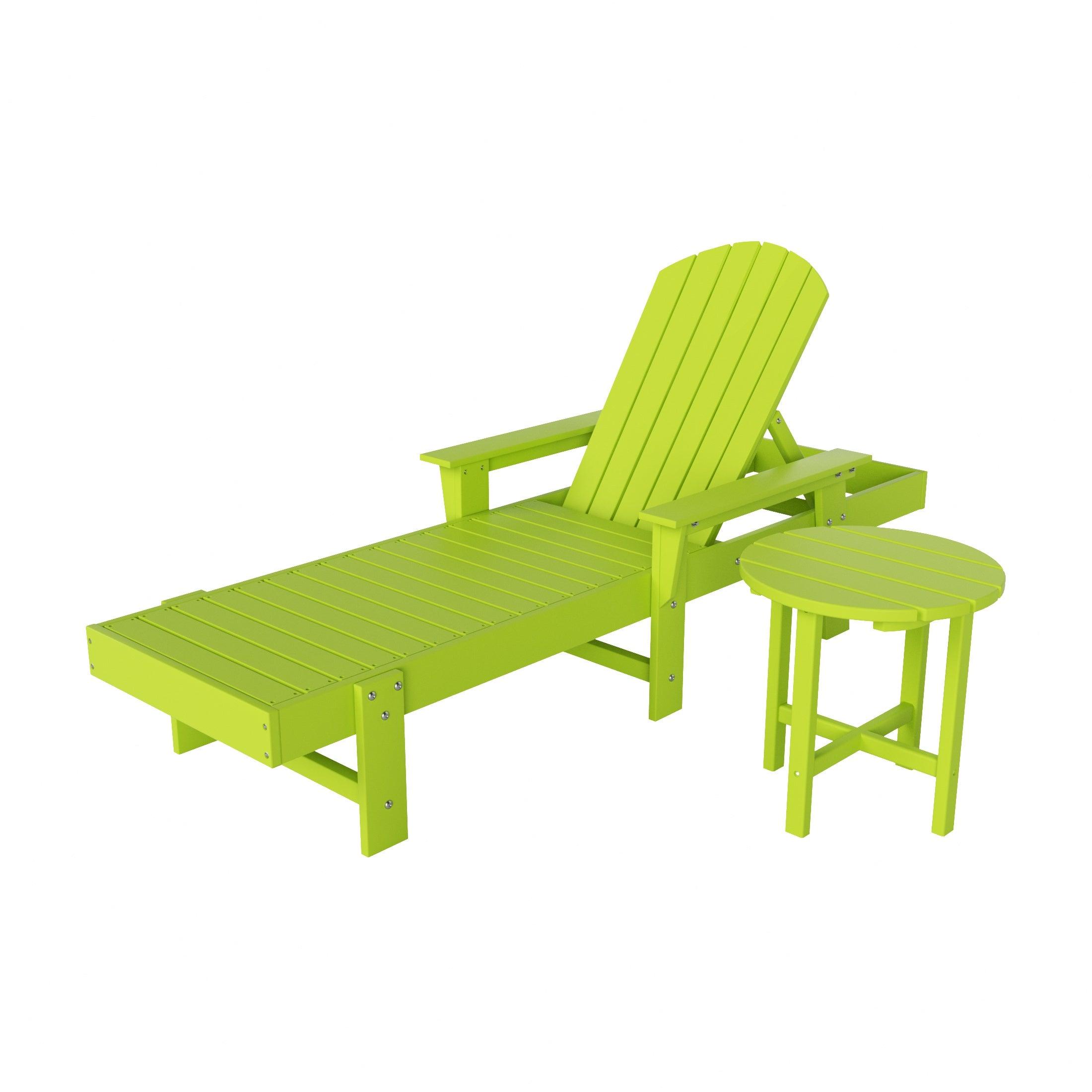Portside 2-Piece Outdoor Wheeled Classic Poly Adirondack Chaise Lounge with Arms and Round Side Table Set - Costaelm