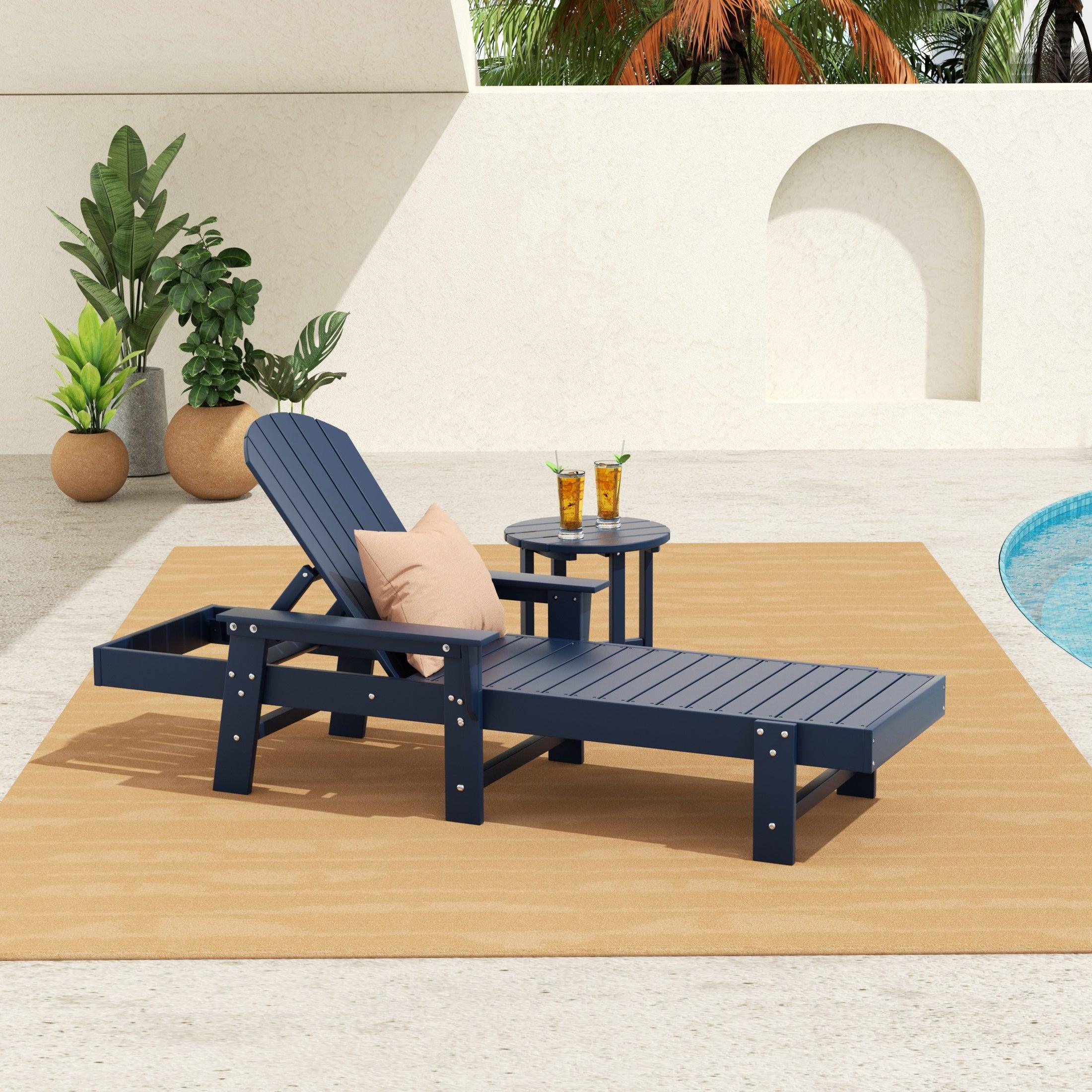 Portside 2-Piece Outdoor Wheeled Classic Poly Adirondack Chaise Lounge with Arms and Round Side Table Set - Costaelm