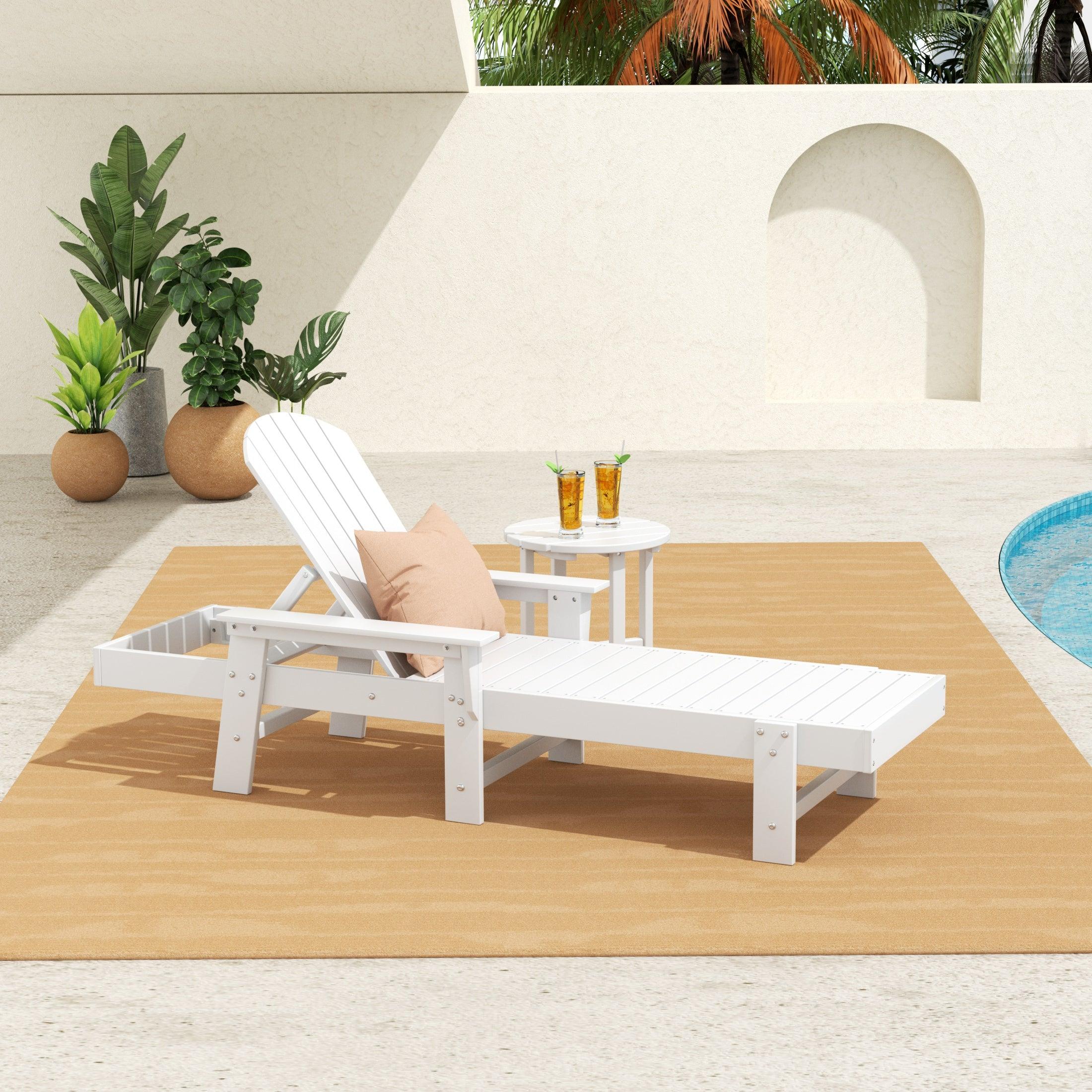 Portside 2-Piece Outdoor Wheeled Classic Poly Adirondack Chaise Lounge with Arms and Round Side Table Set - Costaelm