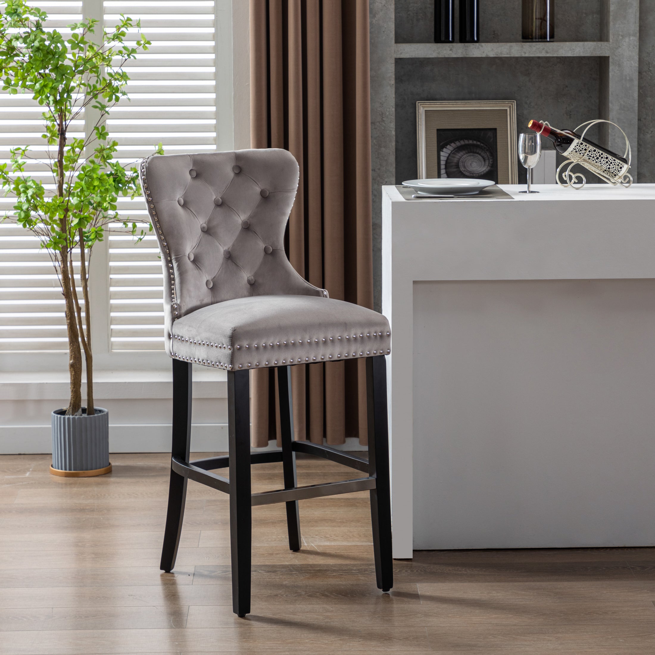 Hank 29" Tufted Velvet Bar Stool, Black