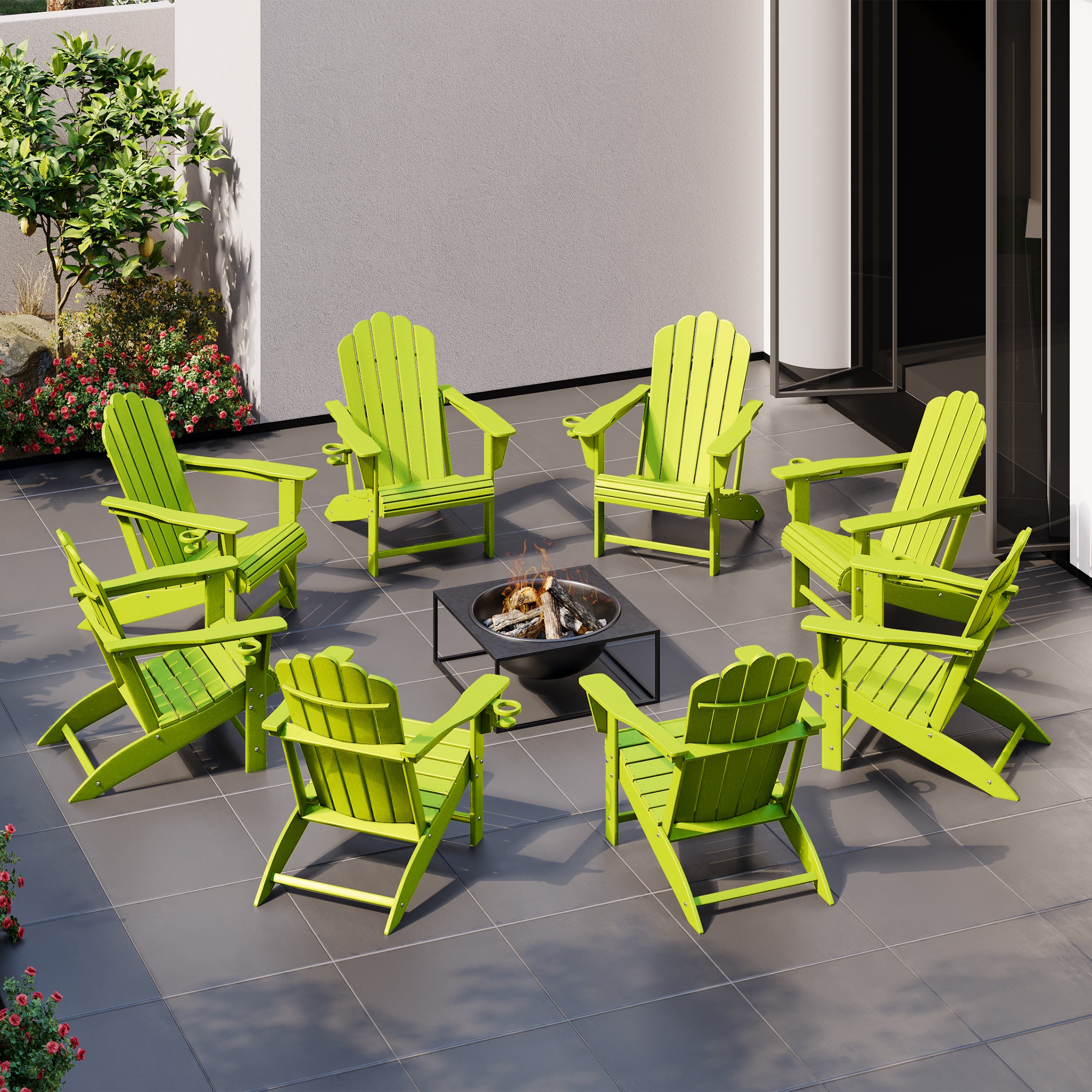 Lakeview Outdoor Patio HDPE Adirondack Chairs With Cup Holders (Set of 8)
