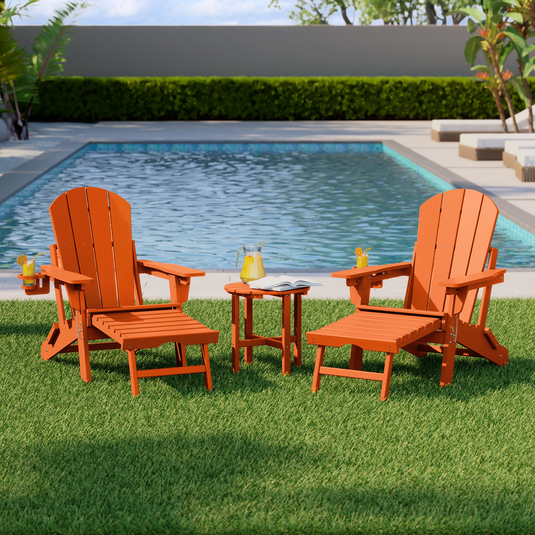 Paradise 3-Piece Outdoor Folding Adjustable Adirondack Chair with Cup Holder & Hideaway Ottoman and 18" Side Table