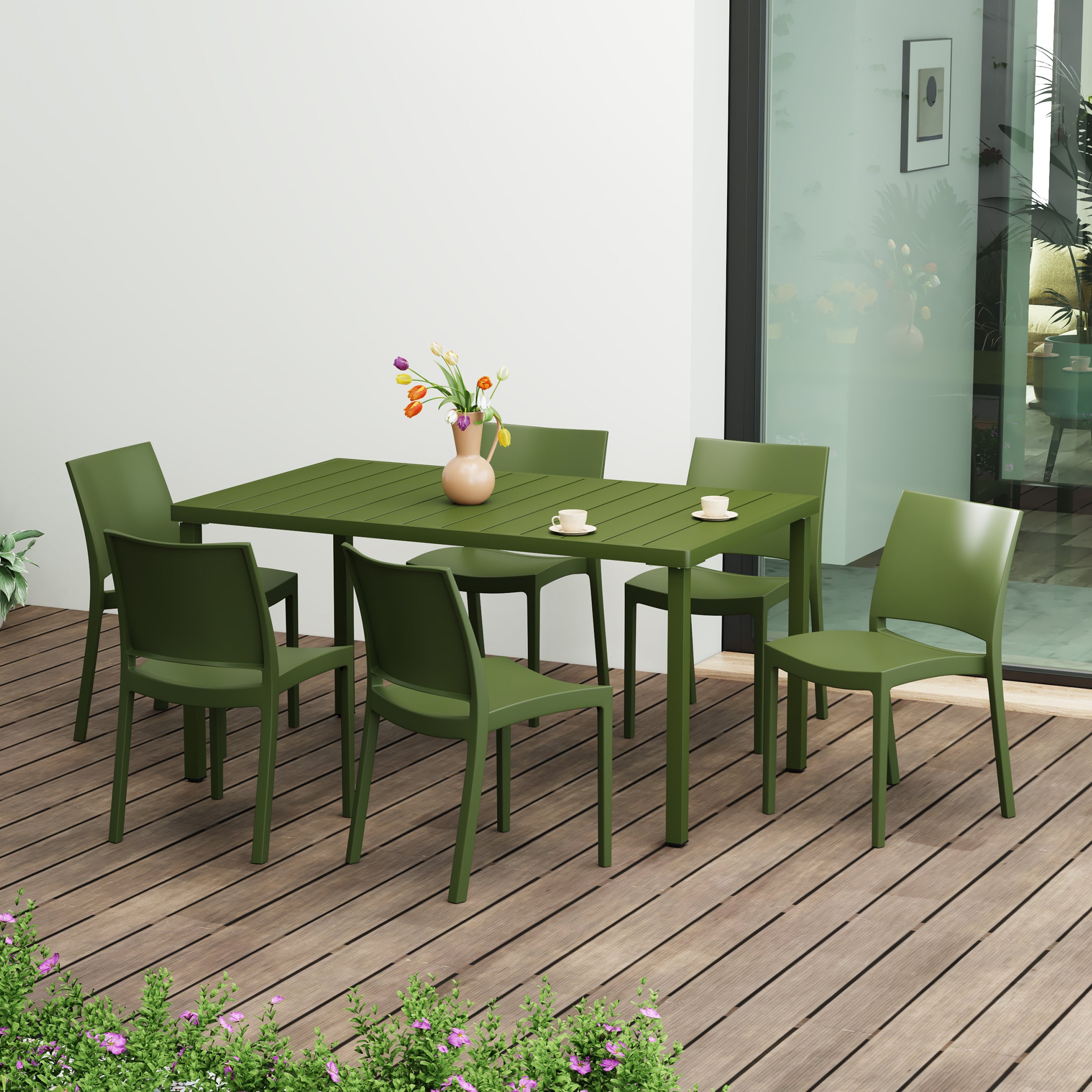 Sunshine 7-Piece Outdoor Rectangular Metal Patio Dining Table Set With Stackable Resin Patio Side Chairs