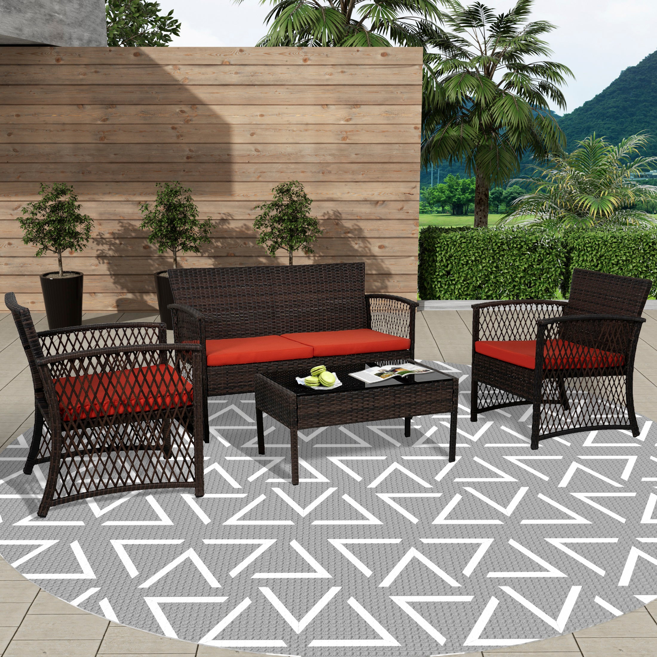 Estela 4-Piece set Coffee color base Outdoor / Patio Woven Rattan Conversation Sofa set with cushions a Coffee table ( 4 seater )