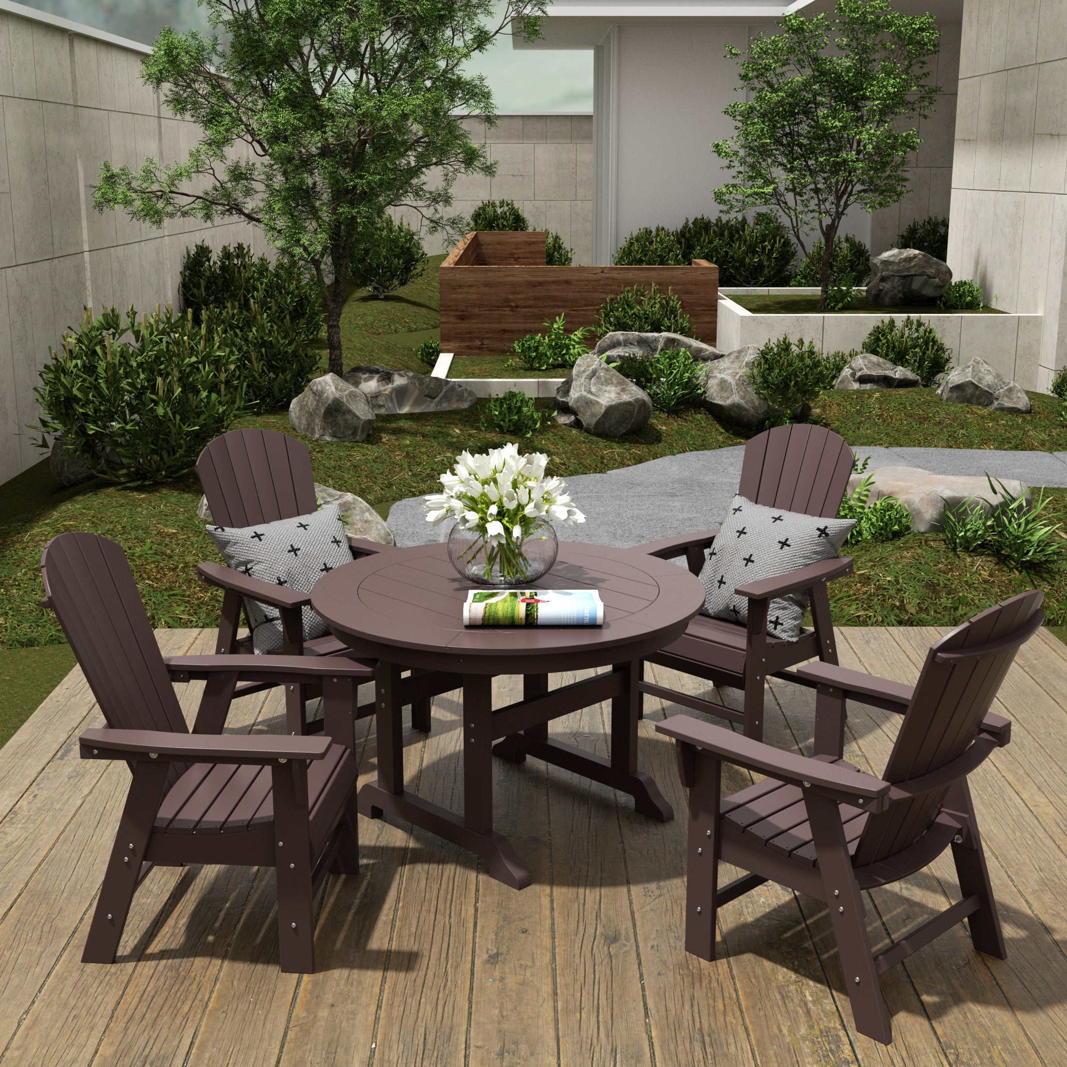 Portside 5 Piece Outdoor Patio Dining Round Table and Shell Back Armchair Set