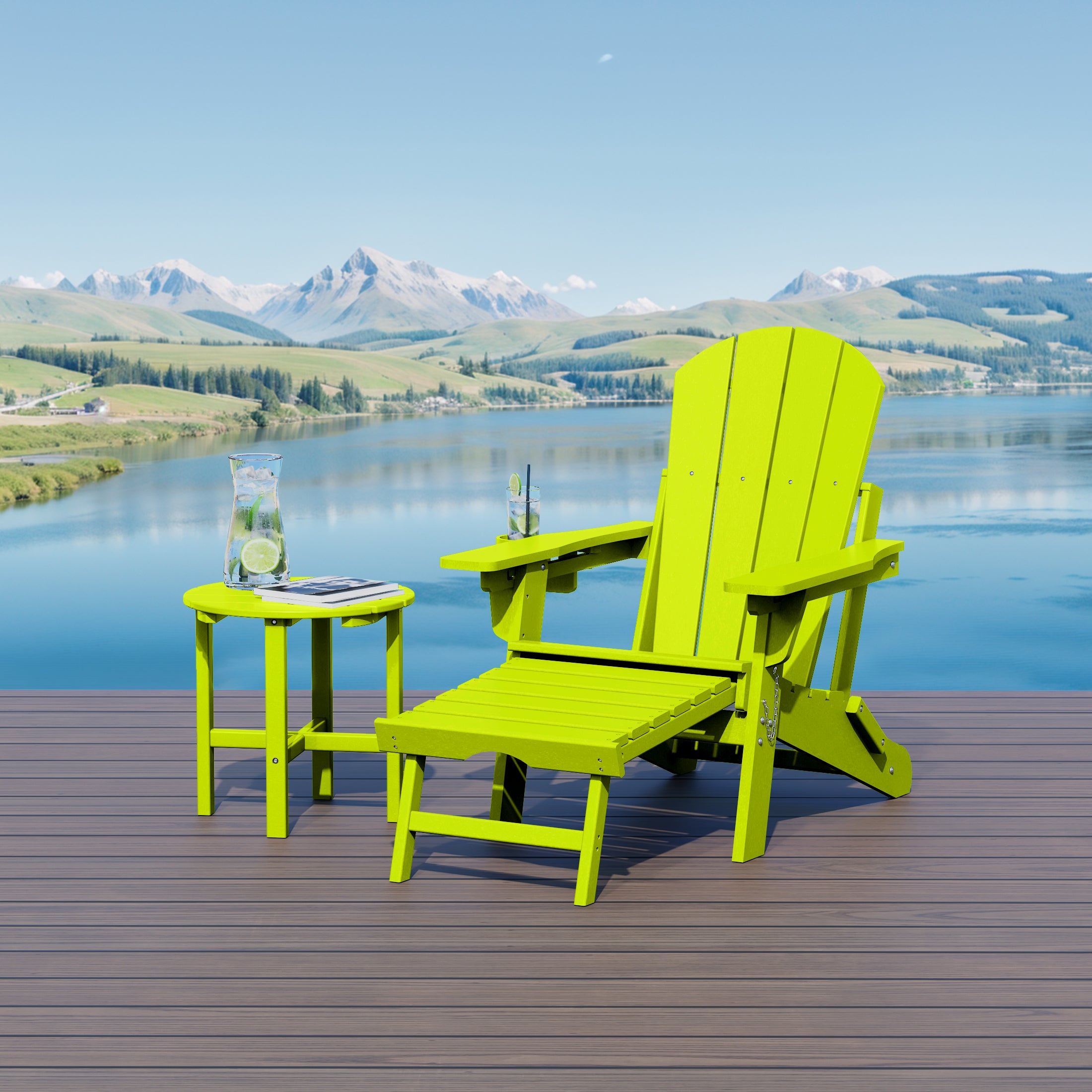 Paradise 2-Piece Outdoor Folding Adjustable Adirondack Chair with Cup Holder & Hideaway Ottoman and 18" Side Table