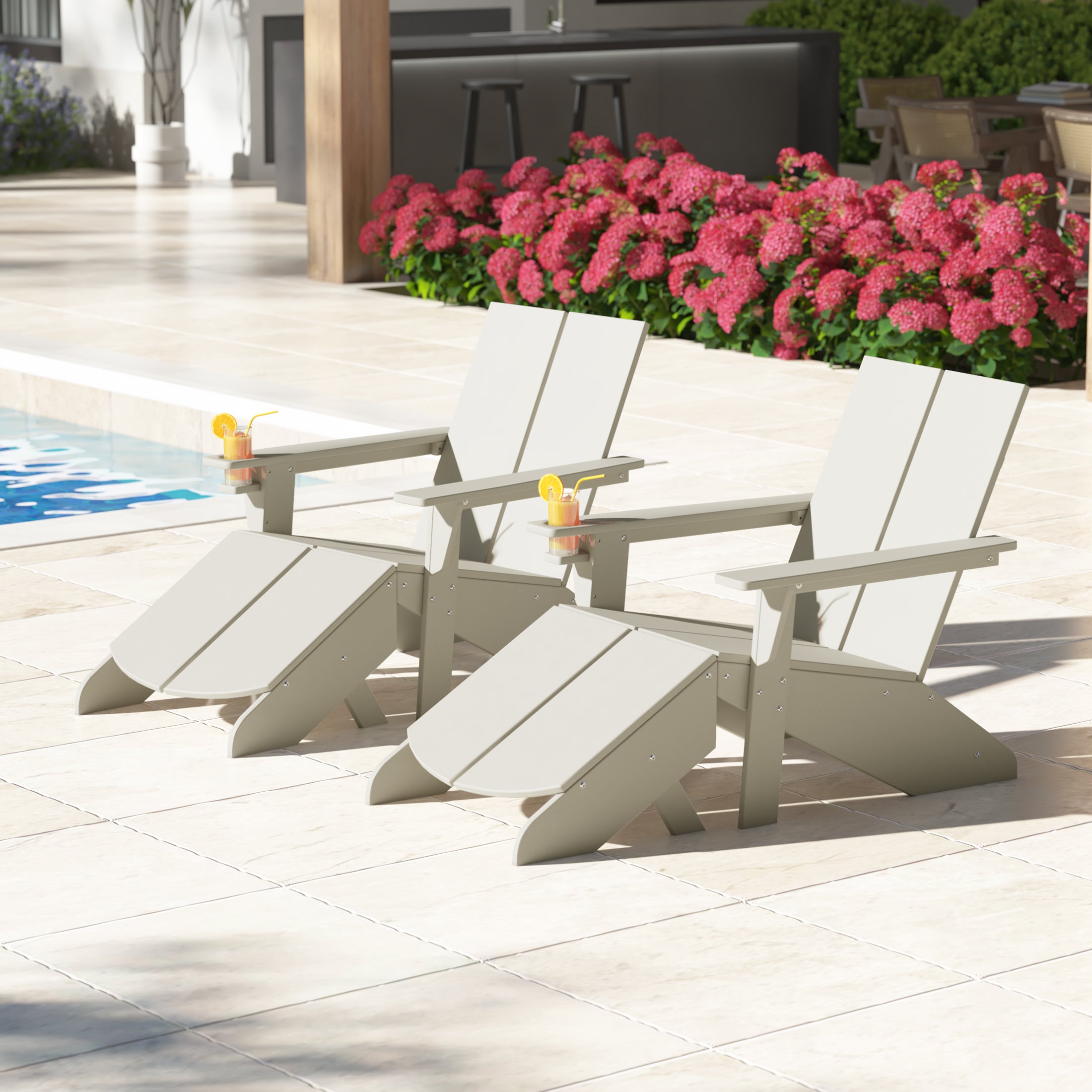 Seaview Outdoor 4-Piece HDPE Modern Adirondack Chairs Set with Folding Patio Ottomans and Cup Holder