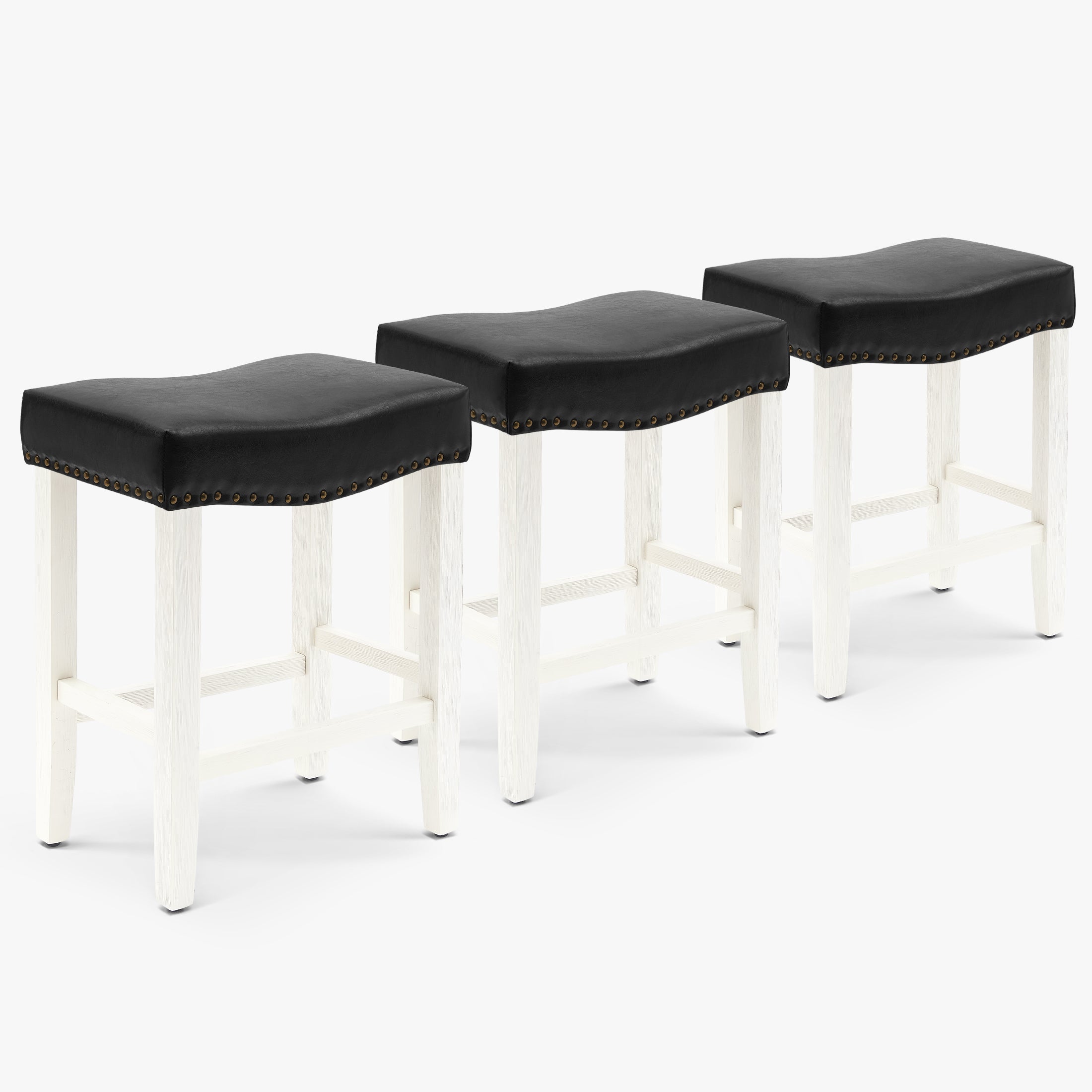 Bulmon 24" Upholstered Saddle Seat Antique White Counter Stool (Set of 3)