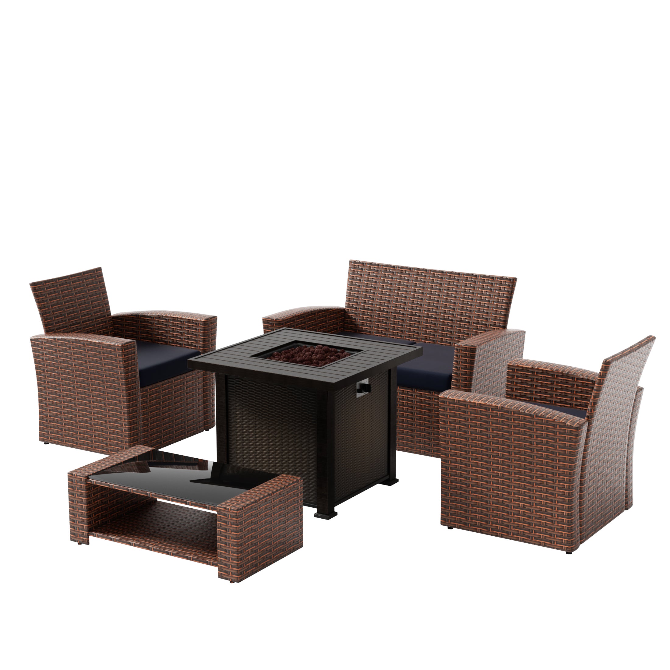 Wynston 4-Piece Conversation Outdoor Patio Sofa Set with Square Fire Pit Table, Brown