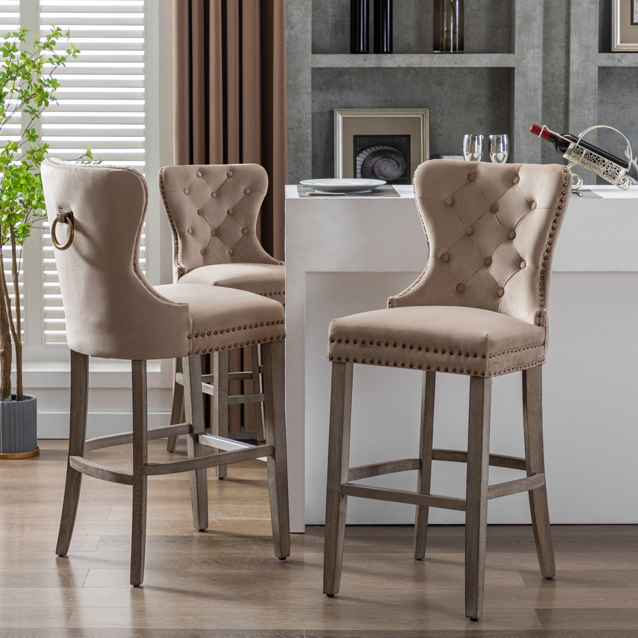 Hank 29" Tufted Velvet Bar Stool (Set of 3), Antique Gray