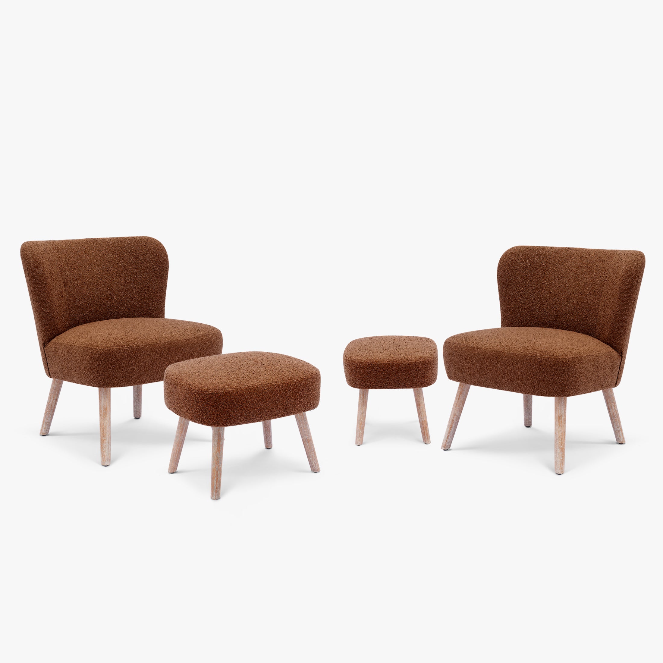 Amélie 4-Piece Set Mid-Century Boucle Accent Chairs with Ottoman Foot Stools