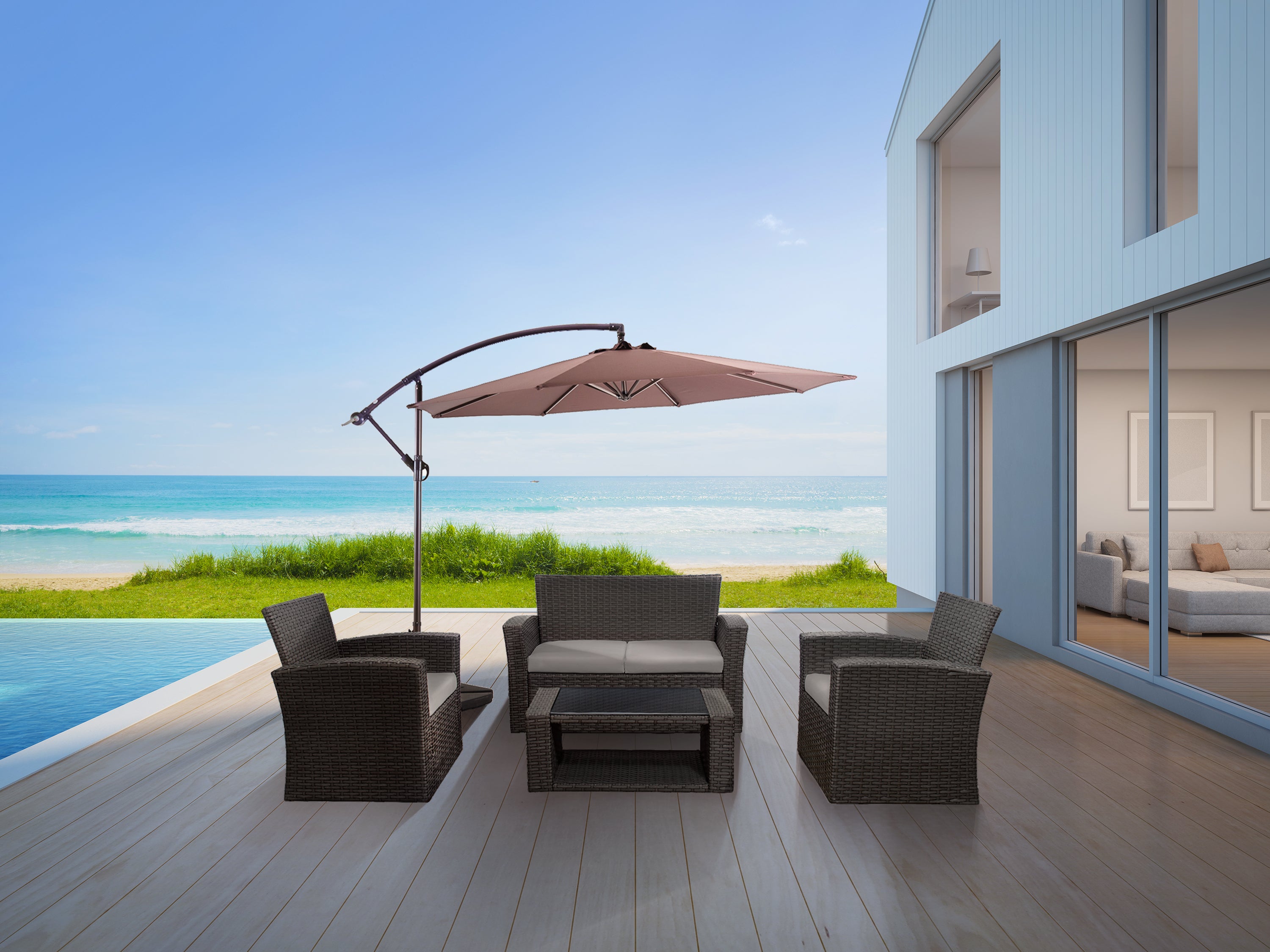 Wynston 4-Piece set Gray color base Outdoor / Patio Wicker Rattan Conversation Sofa set with cushions and a Coffee table ( 4 seater )