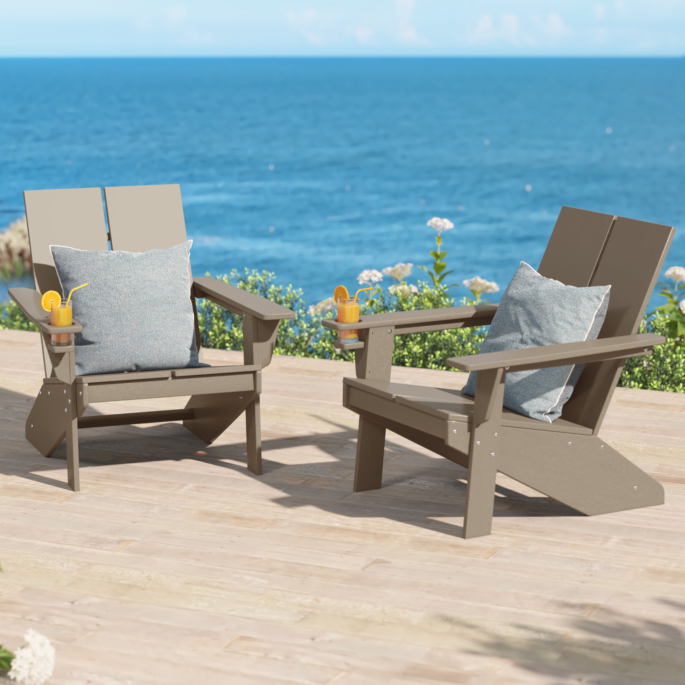Seaview Outdoor HDPE Modern Adirondack Chair with Cup Holder (Set of 2)