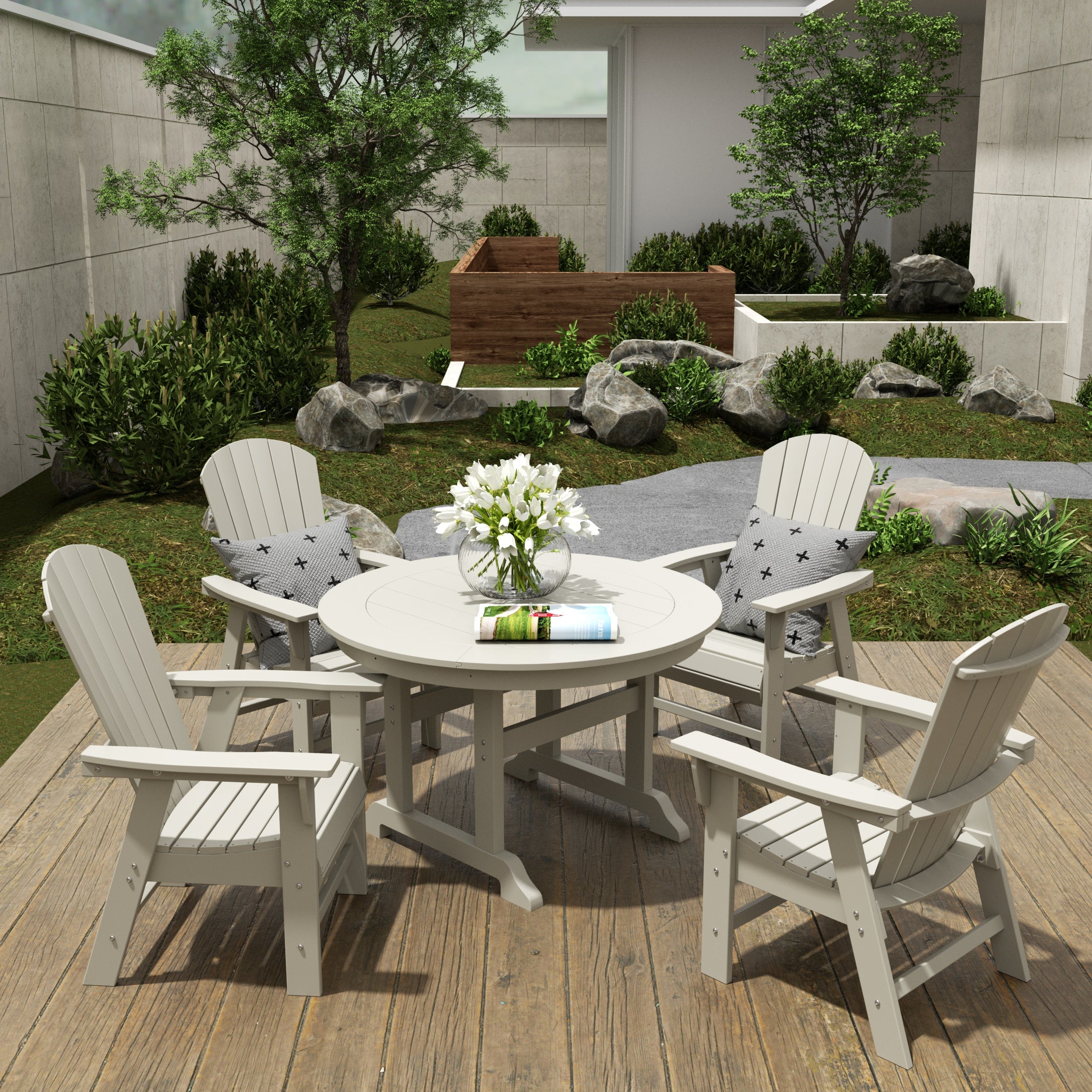 Portside 5 Piece Outdoor Patio Dining Round Table and Shell Back Armchair Set