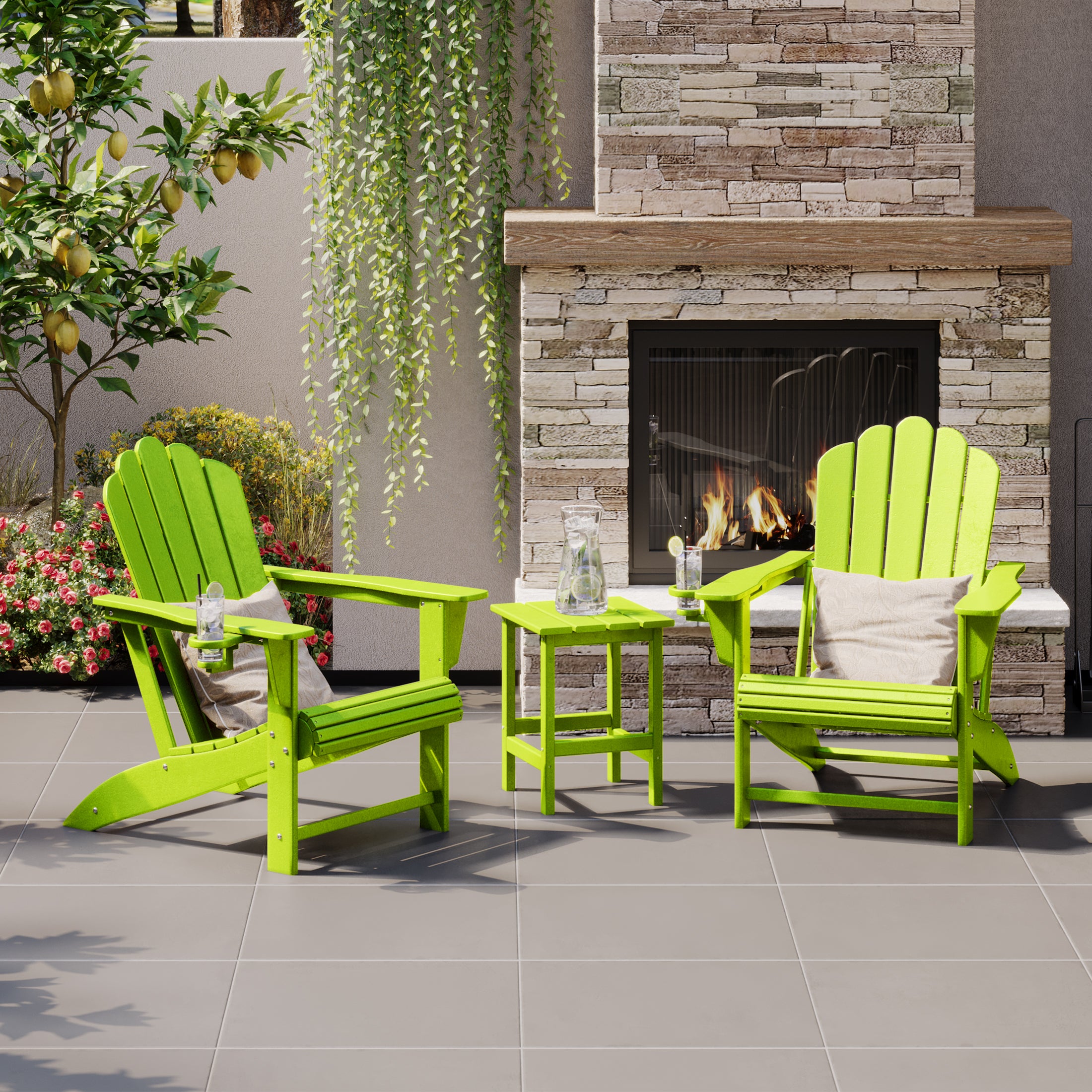 Lakeview 3-Piece Outdoor Patio HDPE Adirondack Chair With Cup Holder and Table Set