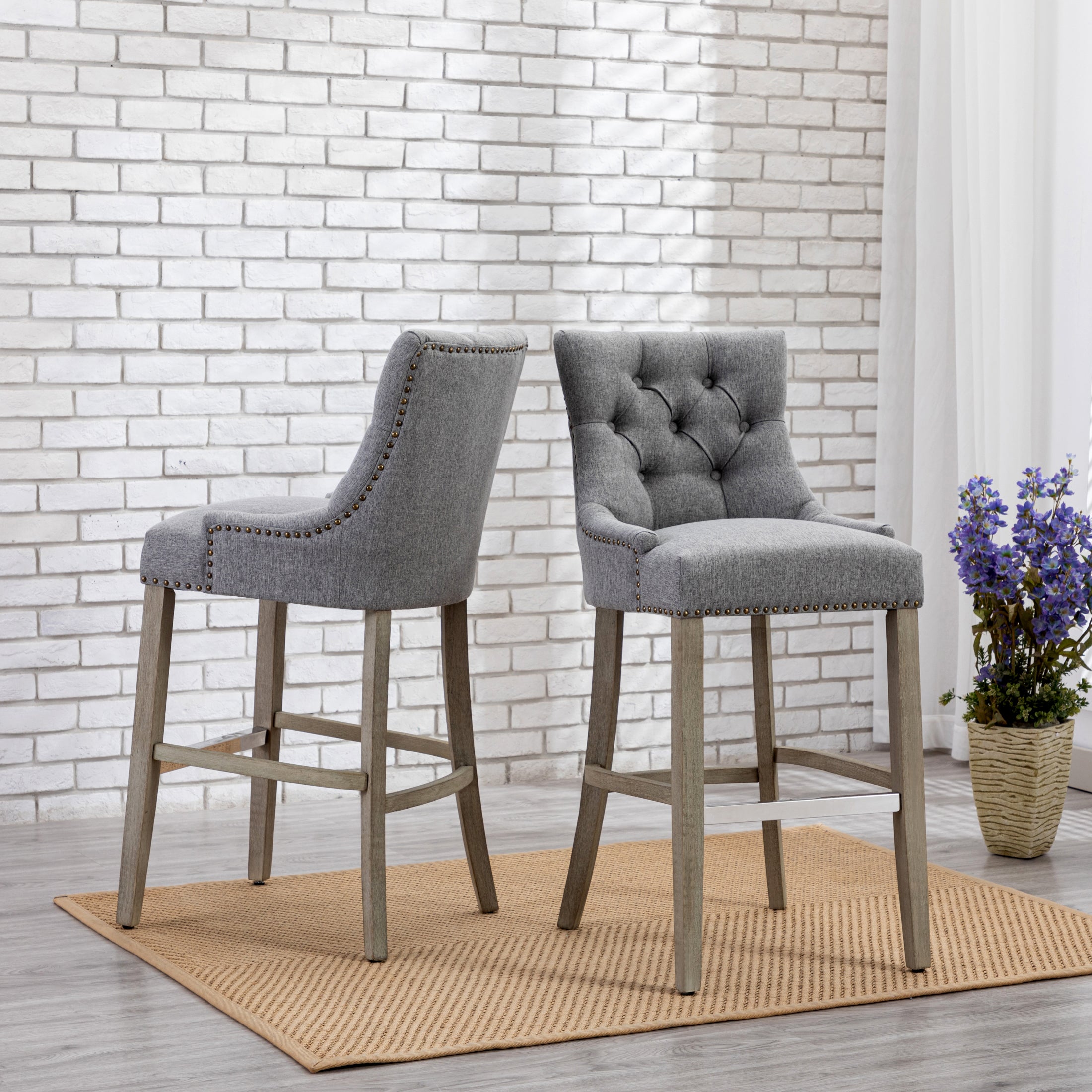 Bellmount 29" Upholstered Wood Bar Stool with Tufted Back (Set of 2)