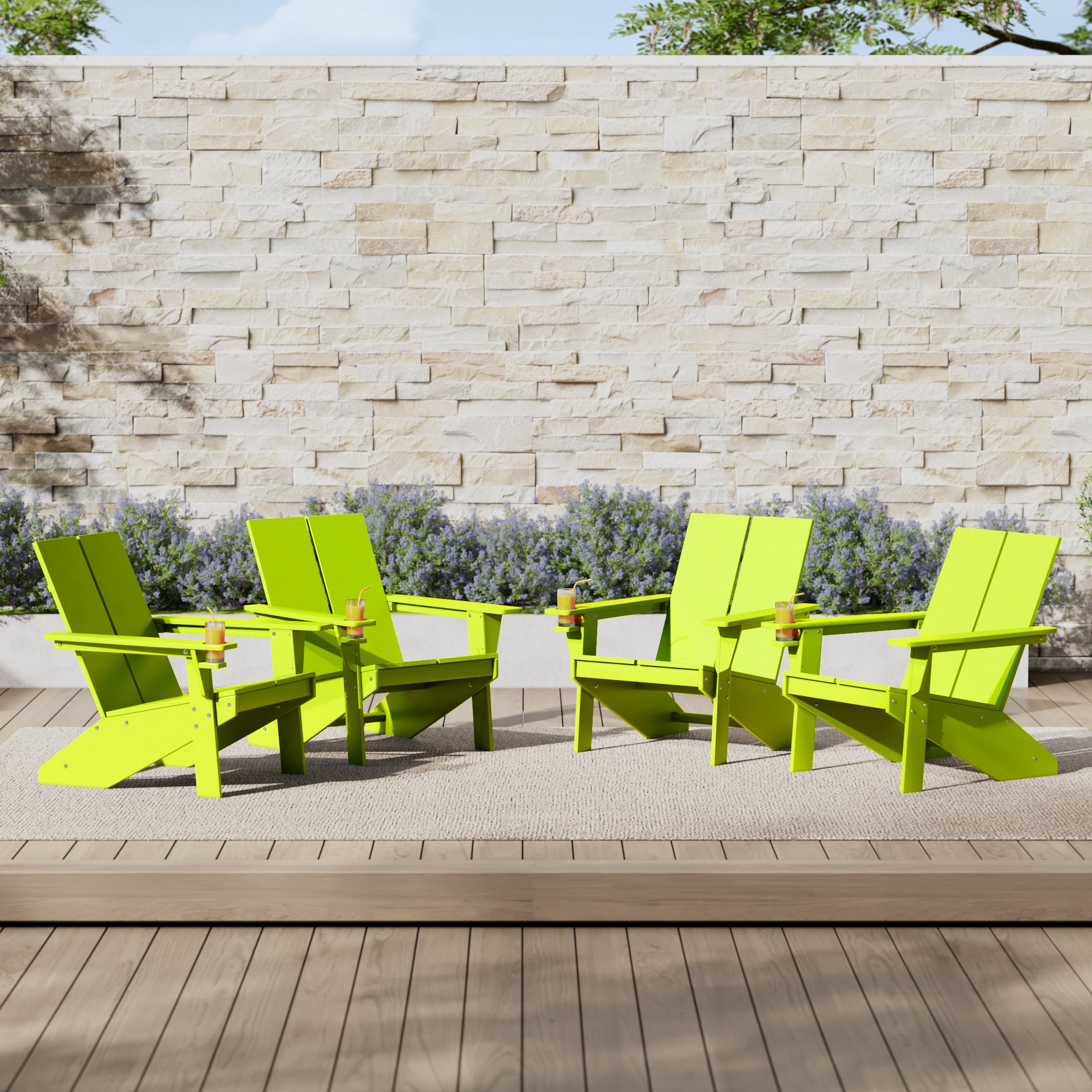 Seaview Outdoor HDPE Modern Adirondack Chair with Cup Holder (Set of 4)