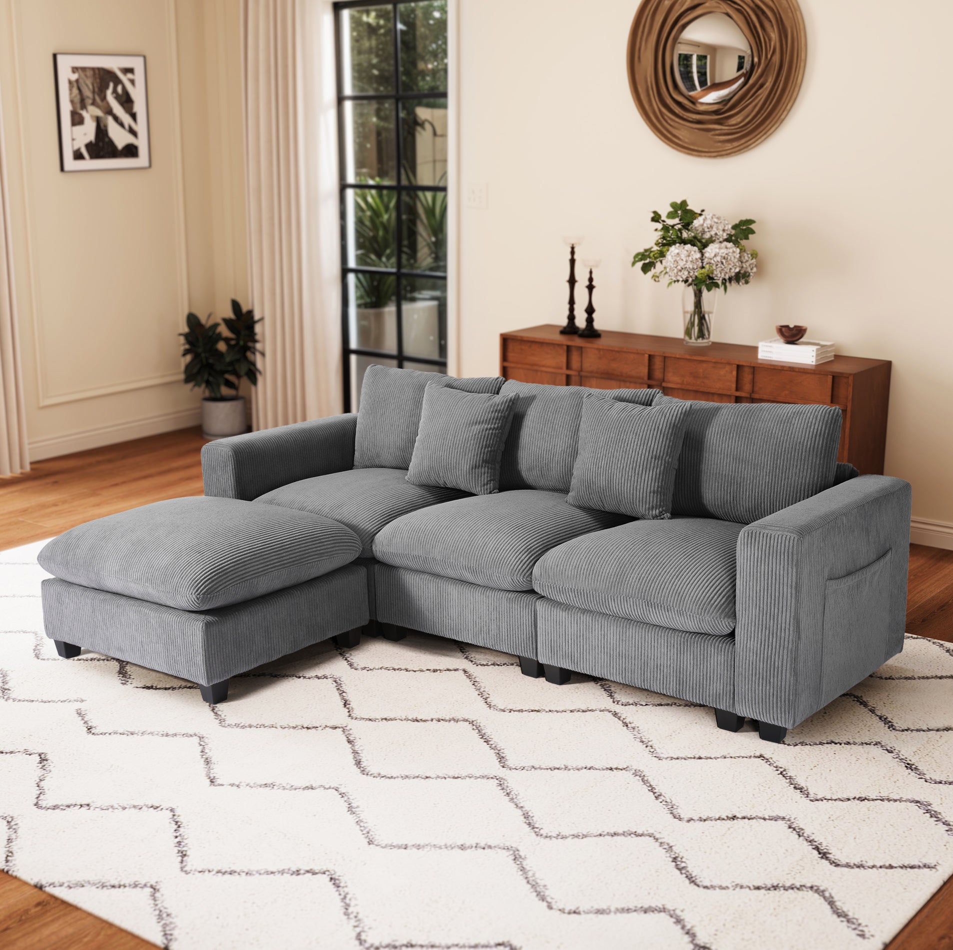 Ava 99" Modular Corduroy L-Shaped Sectional Sofa and Chaise With USB/Type-C Ports and Side Pockets