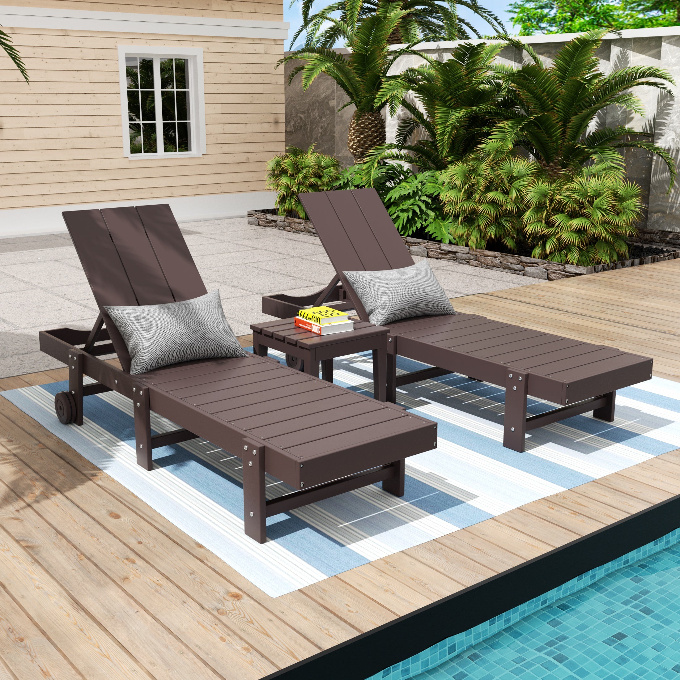 Palms 3 Piece Modern Poly Reclining Chaise Lounge With Wheels