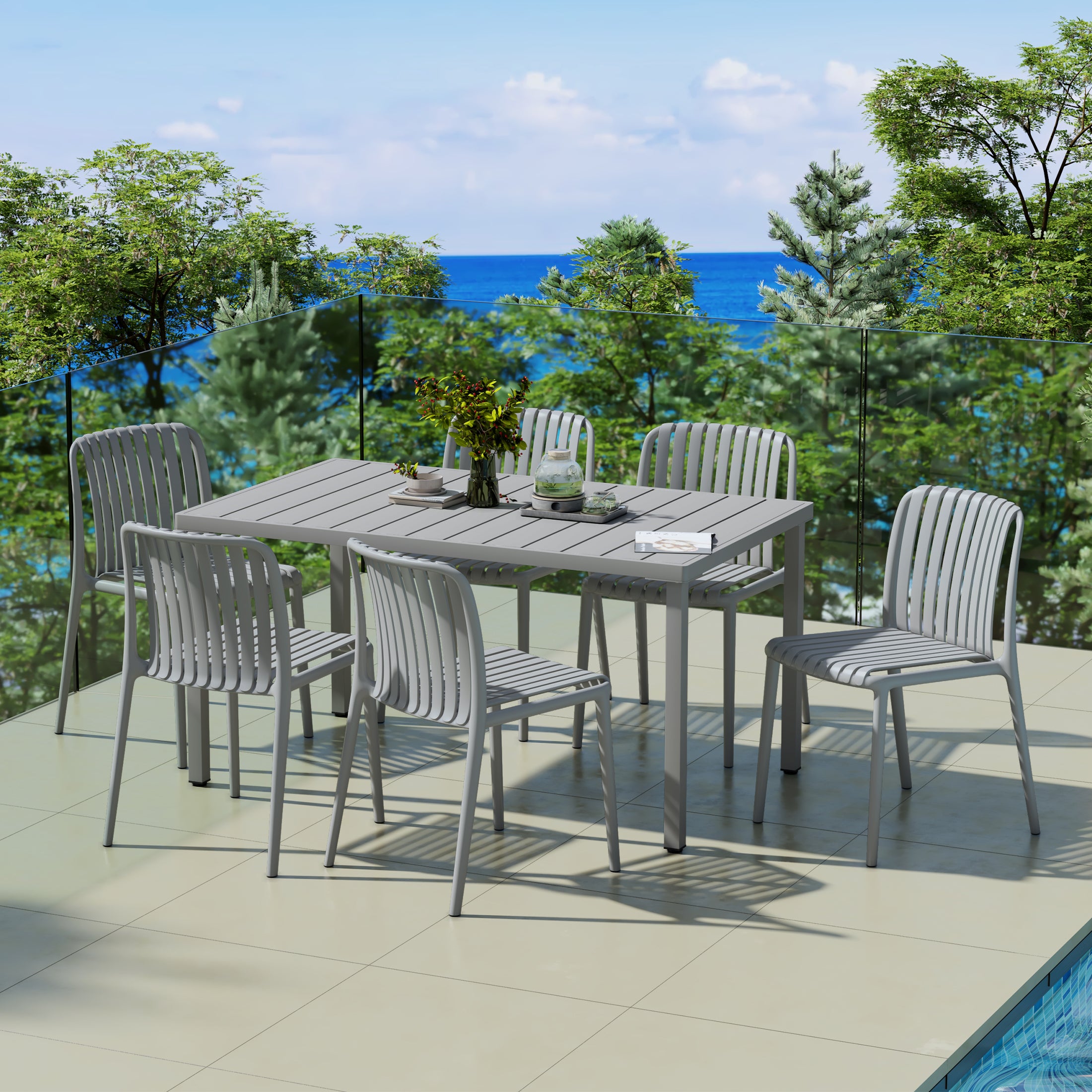 Sunshine 7-Piece Outdoor Patio Dining Table Set With Stackable Patio Chairs