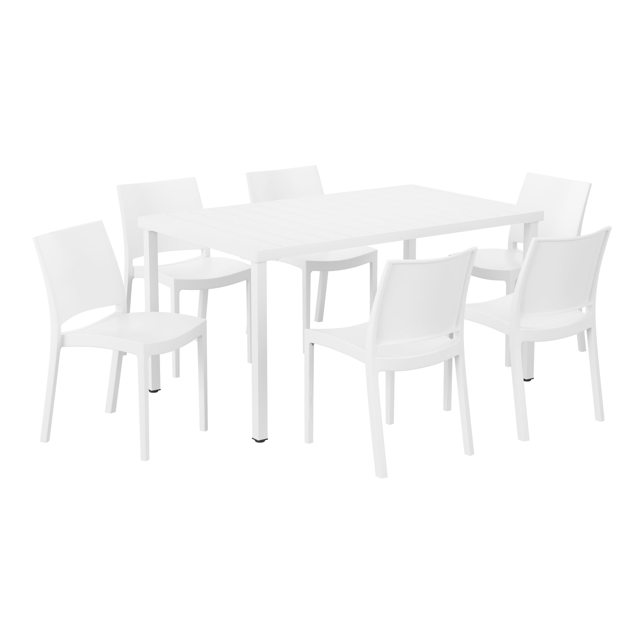 Sunshine 7-Piece Outdoor Rectangular Metal Patio Dining Table Set With Stackable Resin Patio Side Chairs