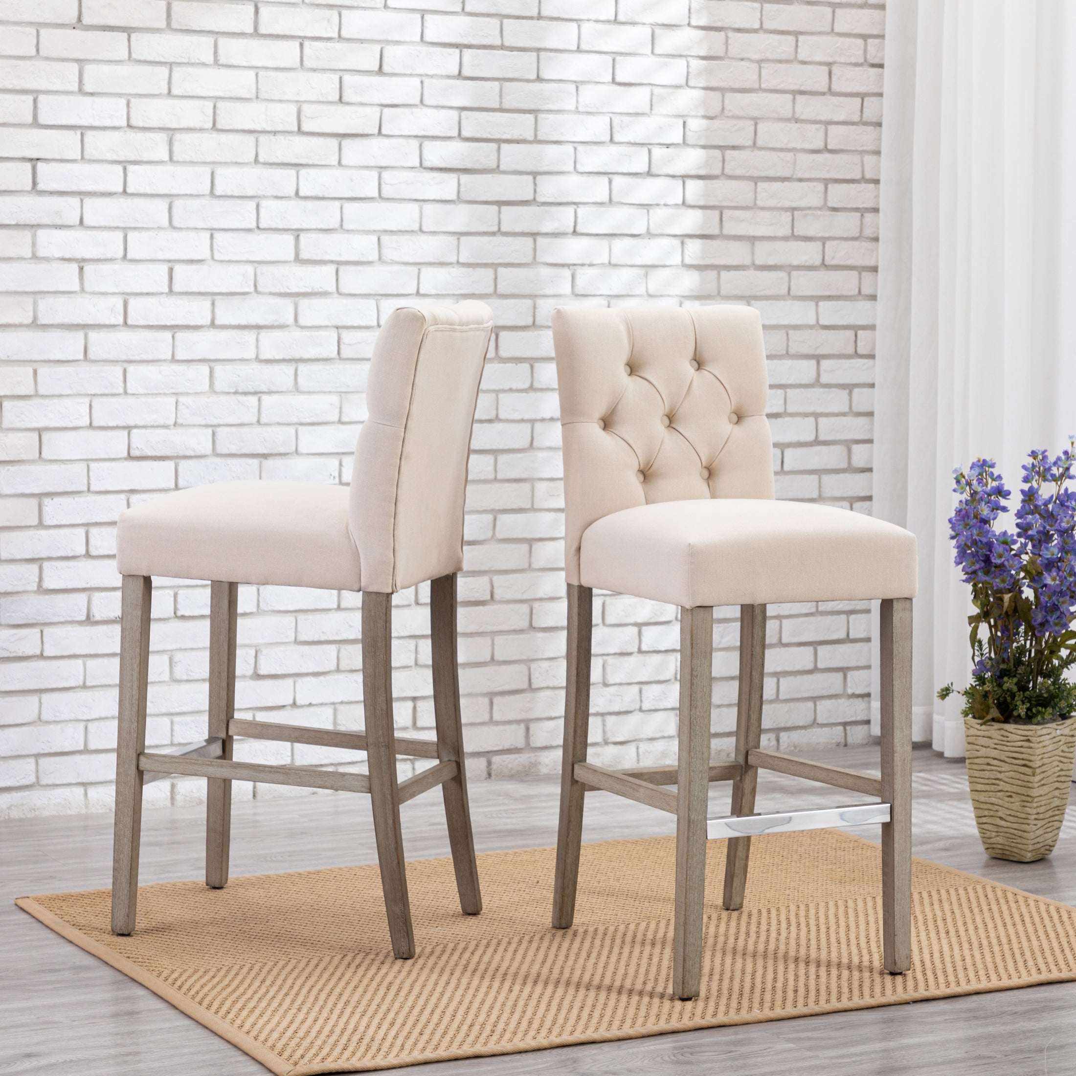 Bellmount 29" Linen Fabric Tufted Counter Stool (Set of 2),Antique Gray