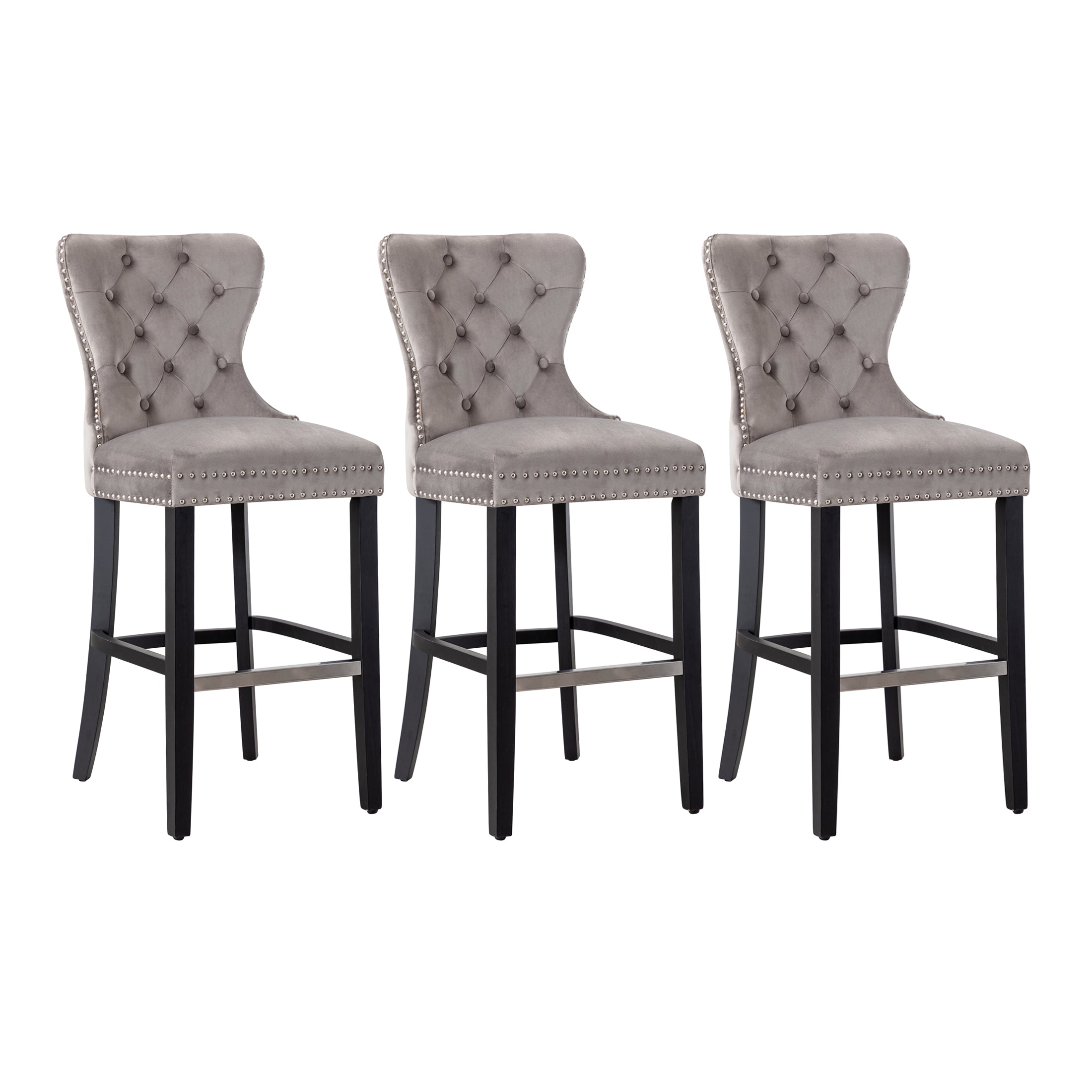 Hank 29" Tufted Velvet Bar Stool (Set of 3), Antique Gray