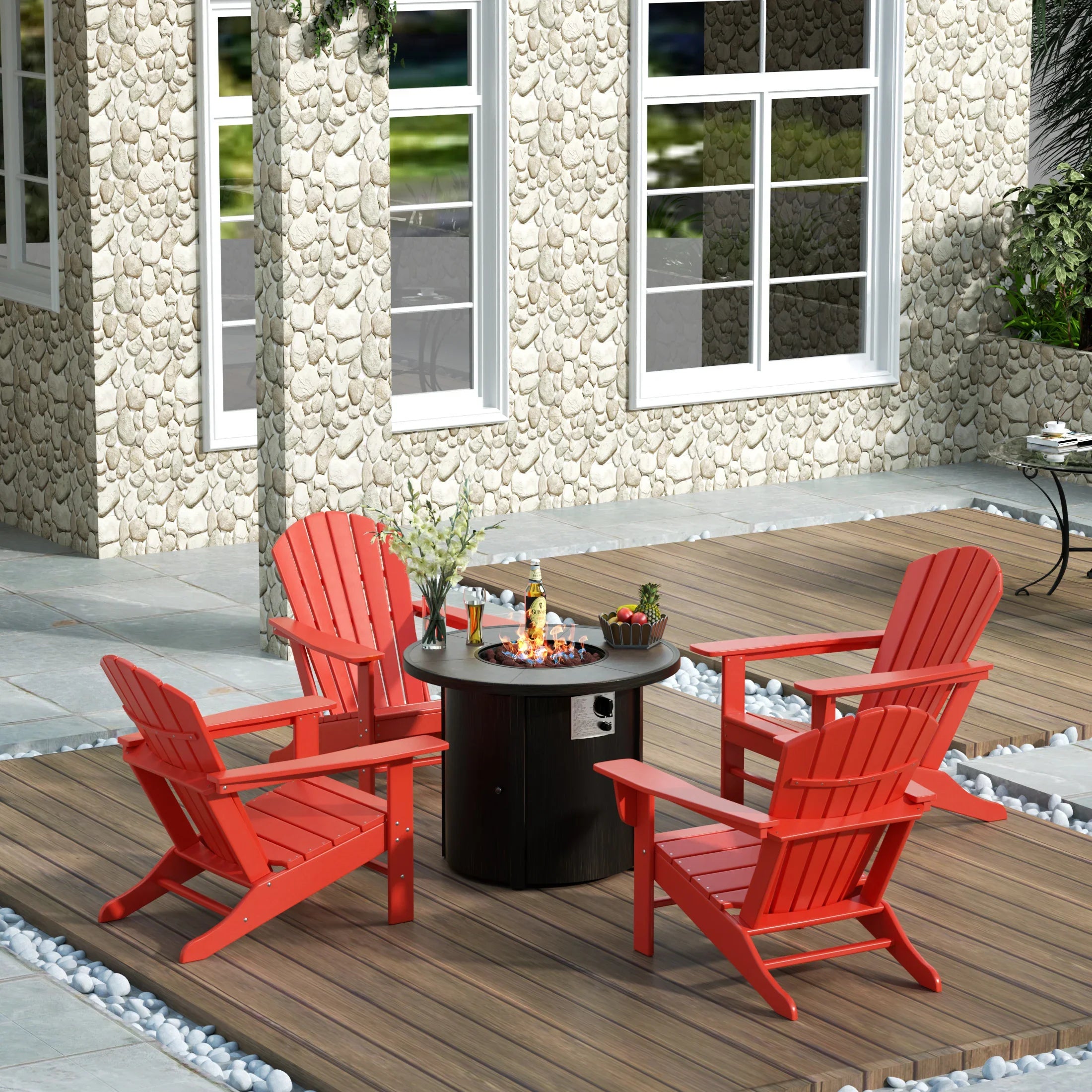 Portside Dylan Outdoor Patio Adirondack Chair with Round Fire Pit Tabl