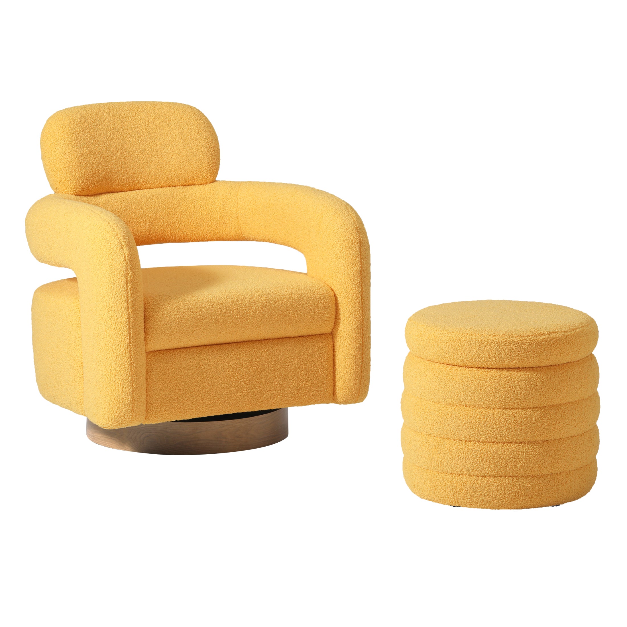 Celine Mid-Century Modern Sherpa Swivel Barrel Accent Chair With Storage Ottoman