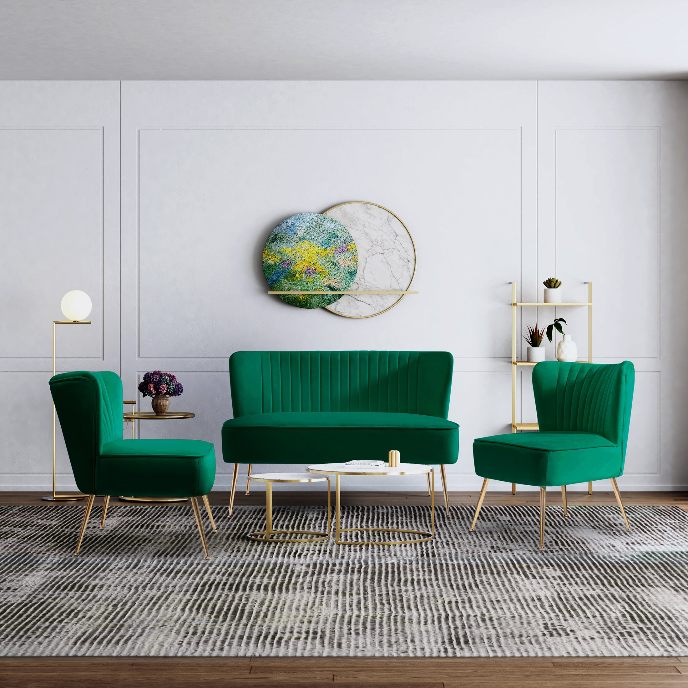 Alaia Mid Century Modern Tufted Velvet Loveseat Sofa and 22" Accent Chair 3-Piece Set