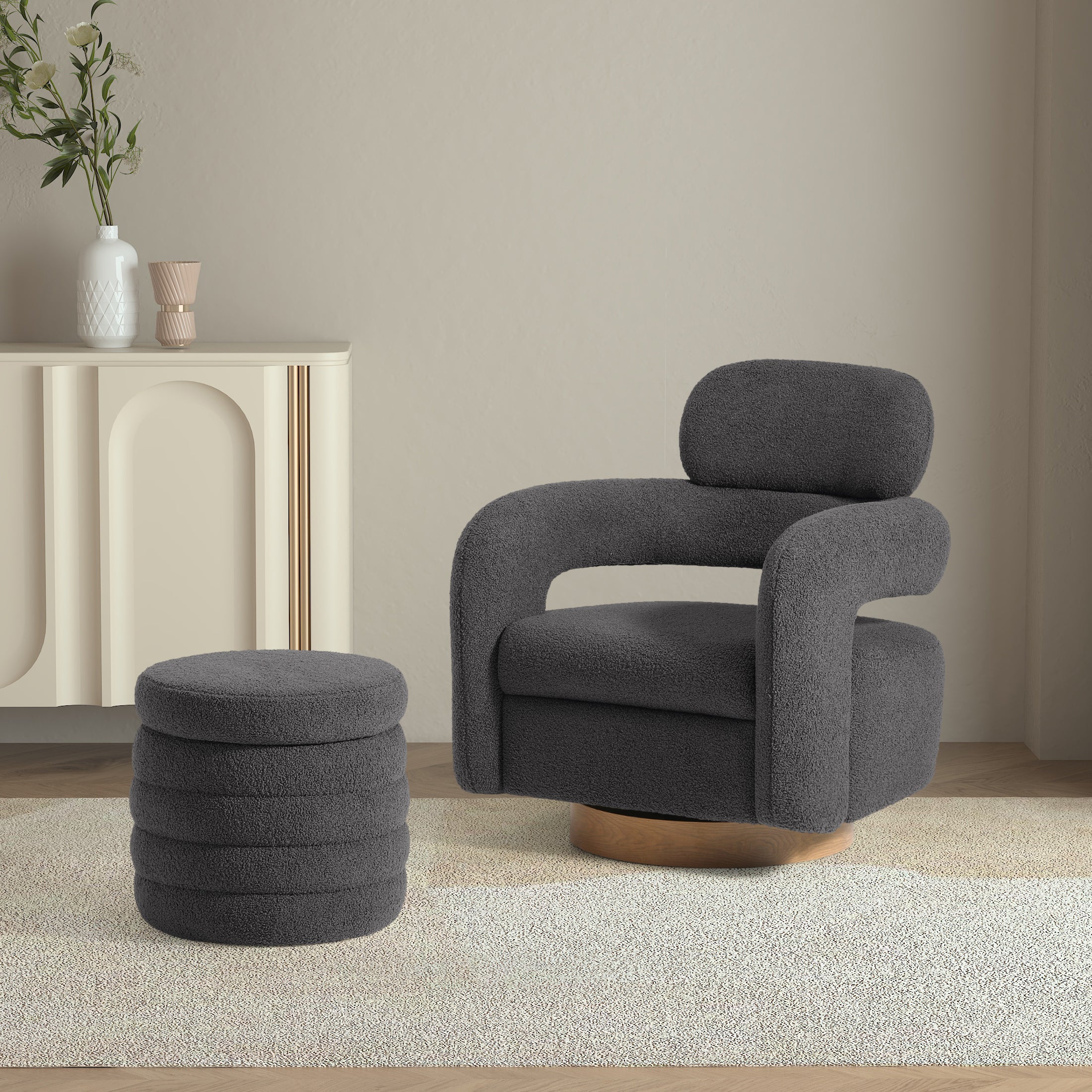 Celine Mid-Century Modern Sherpa Swivel Barrel Accent Chair With Storage Ottoman