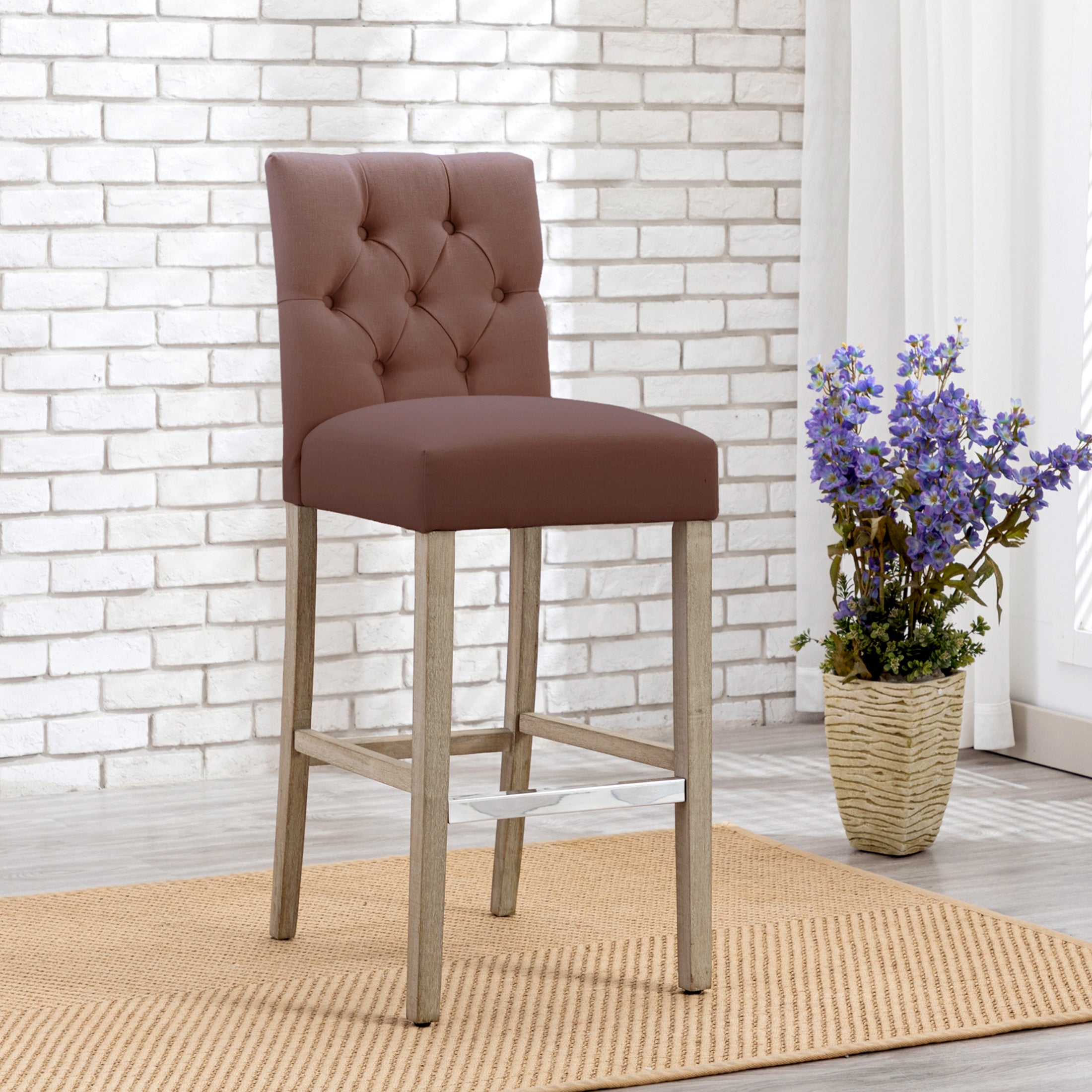 Bellmount 29" Linen Fabric Tufted Bar Stool,Antique Gray
