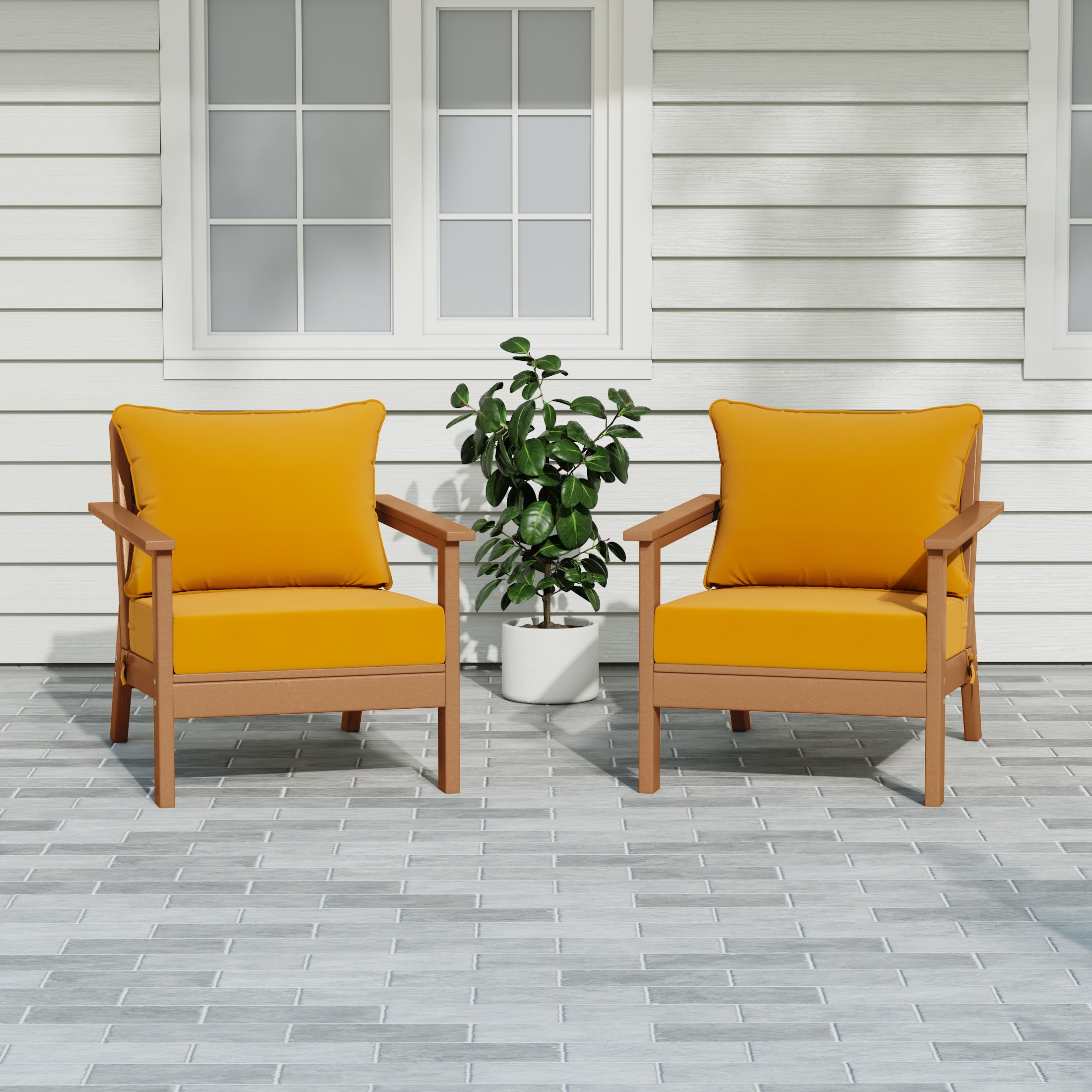 Portsmouth Outdoor Modern HDPE Patio Club Chairs with Deep Seating Patio Cushions Set of 2 Weathered Wood Yellow