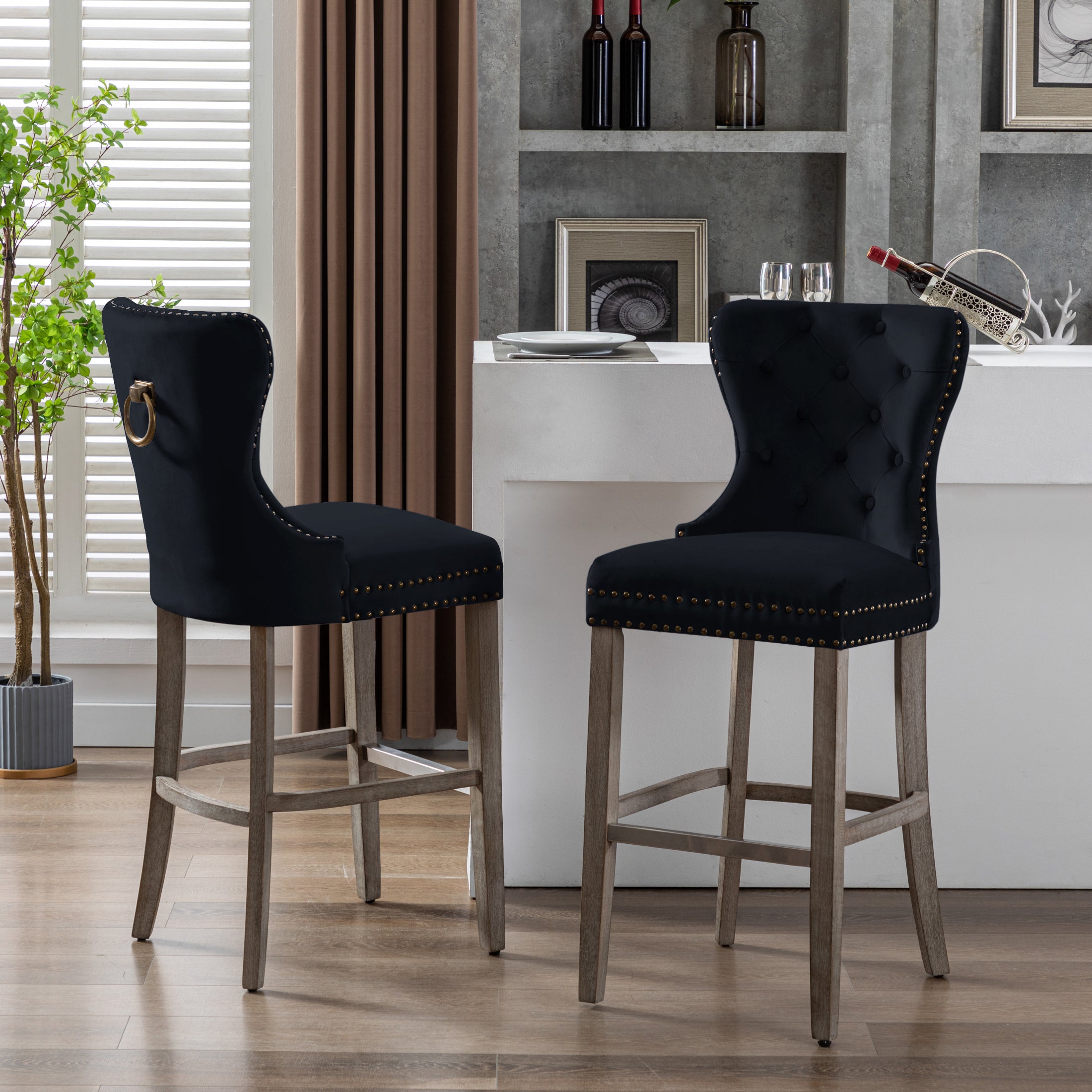 Hank 29" Tufted Velvet Bar Stool (Set of 2), Antique Gray