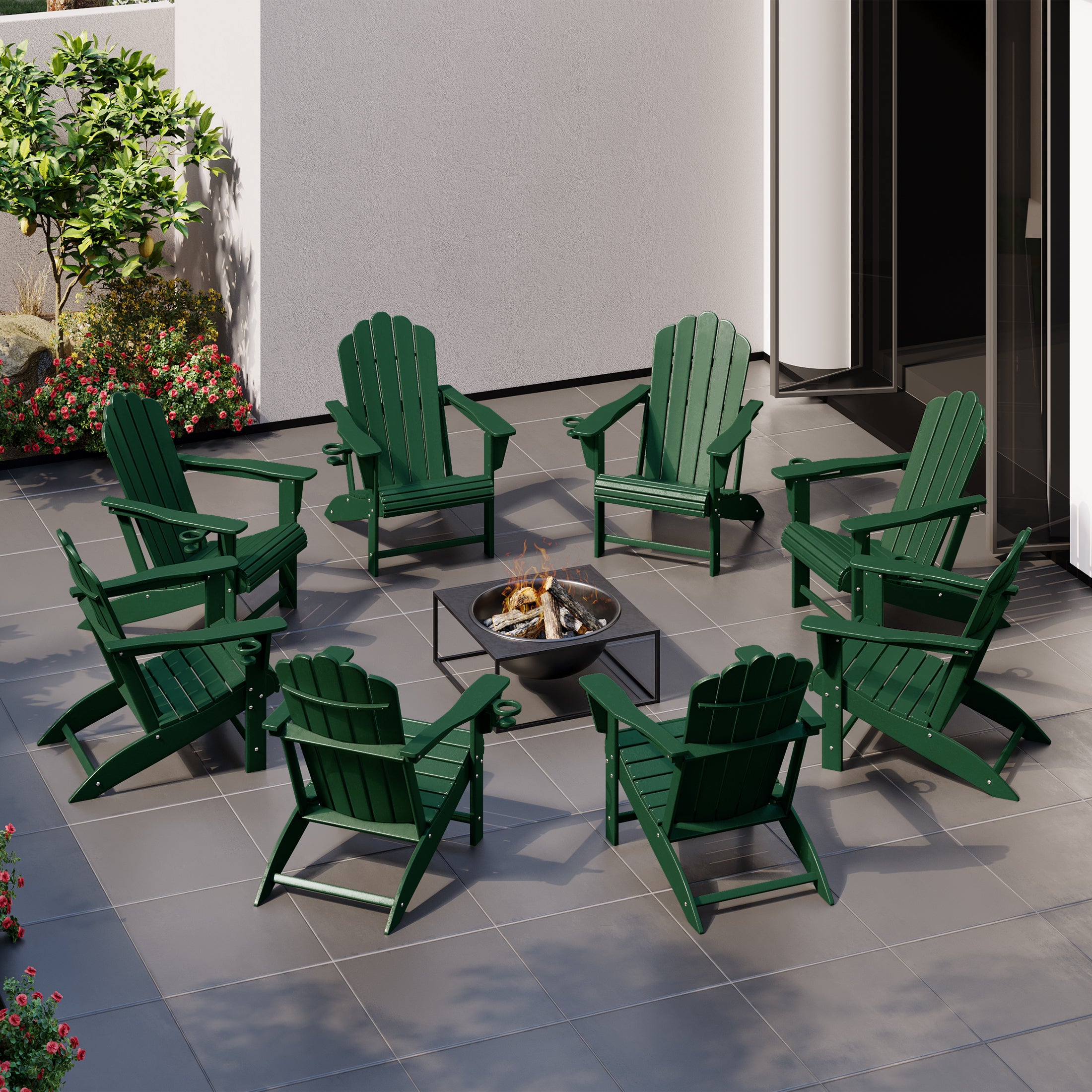 Lakeview Outdoor Patio HDPE Adirondack Chairs With Cup Holders (Set of 8)