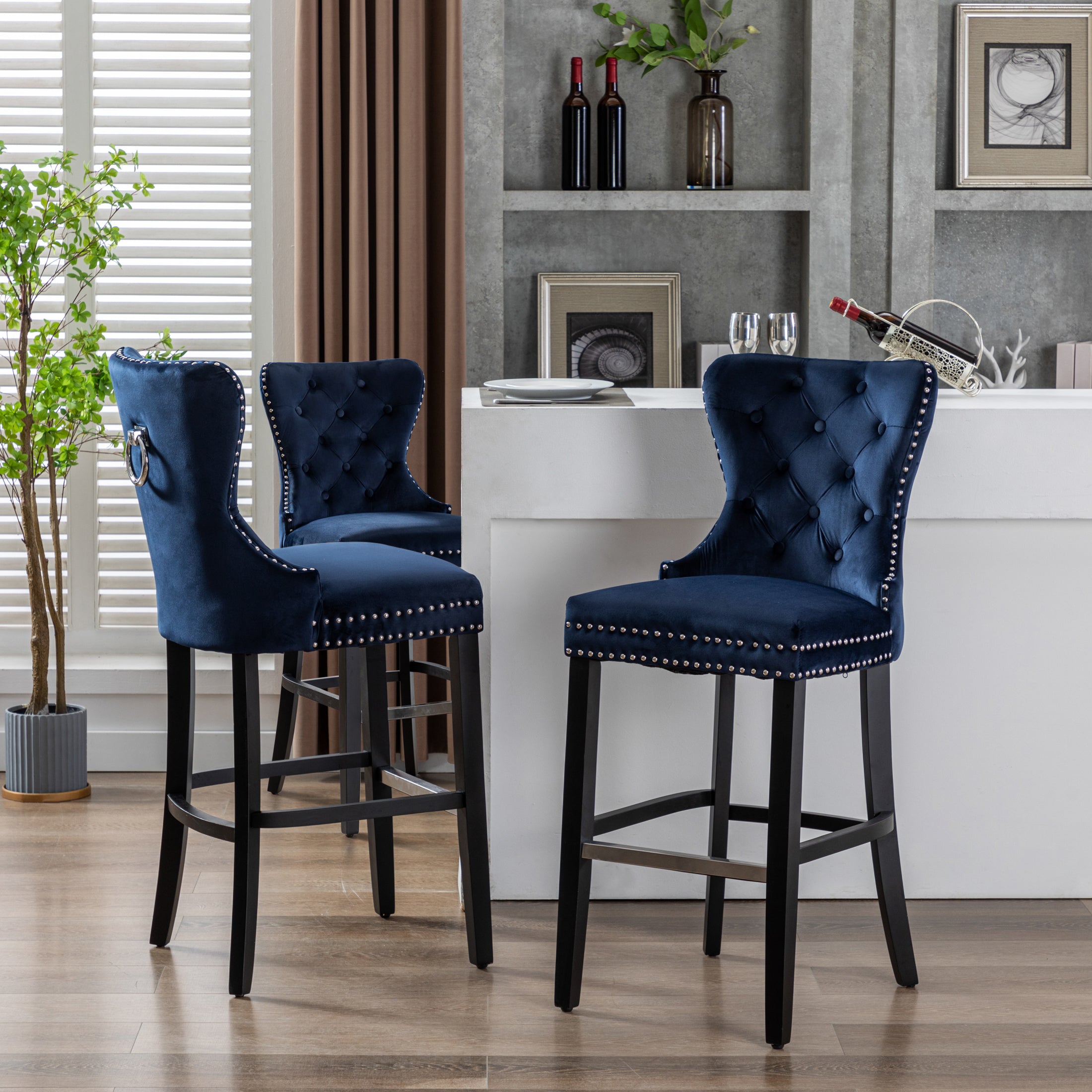 Hank 29" Tufted Velvet Bar Stool (Set of 3), Antique Gray