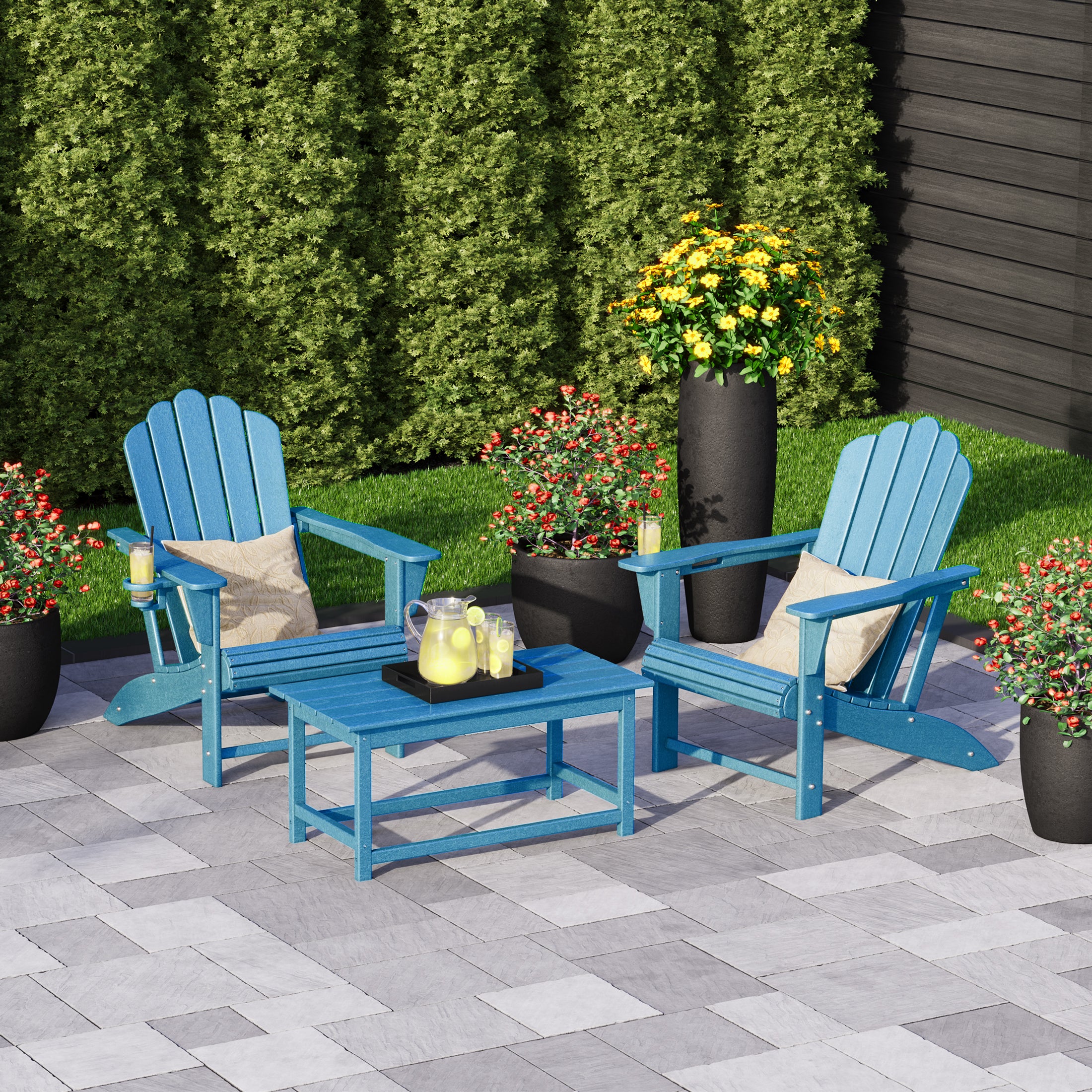 Lakeview 3-Piece Adirondack Chairs with Cup Holders and Coffee Table S