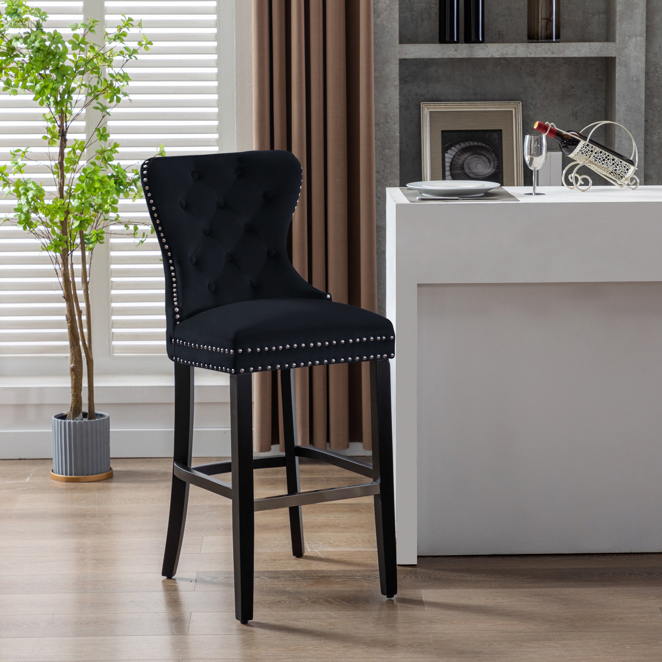 Hank 29" Tufted Velvet Bar Stool, Black